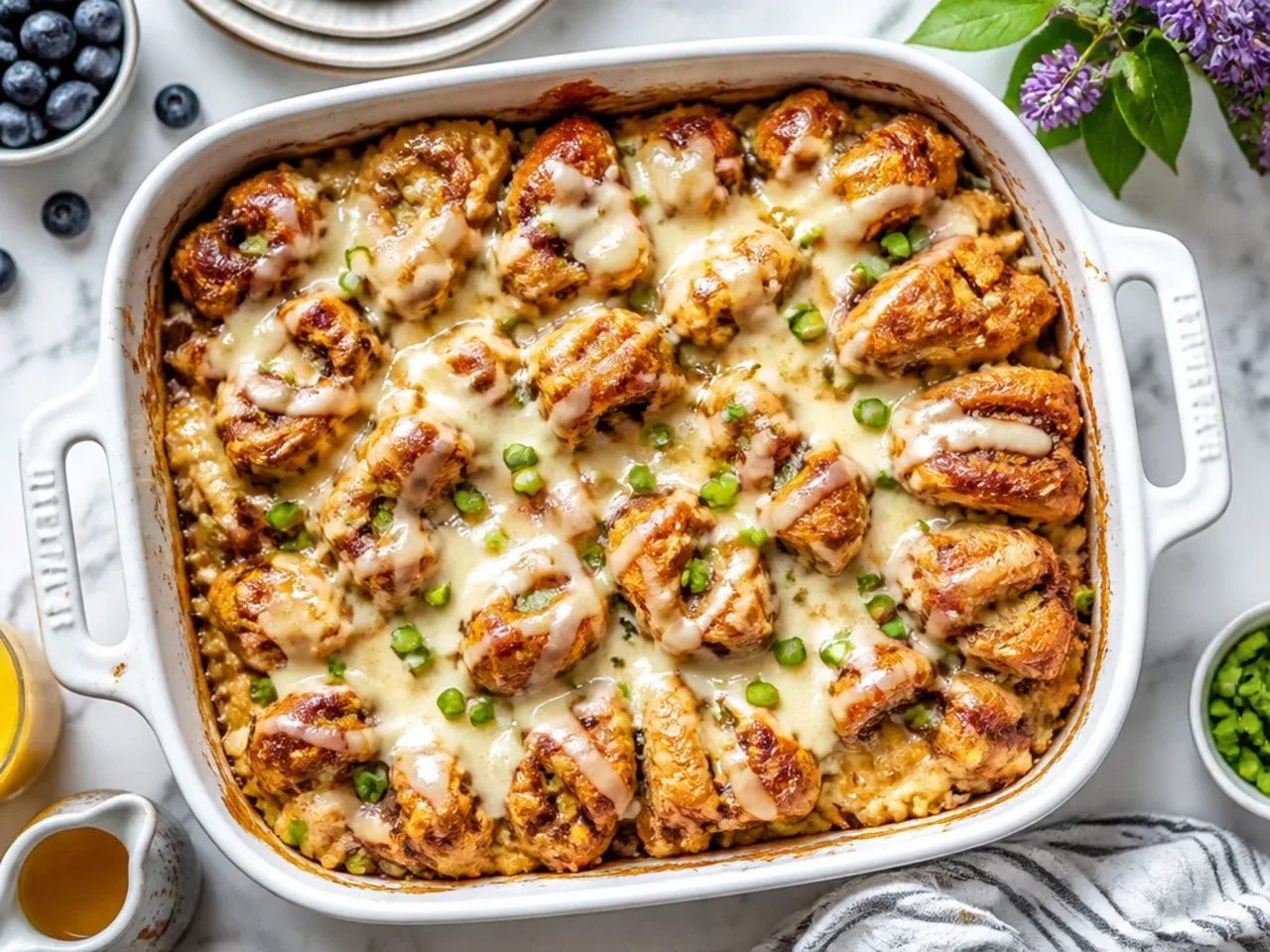 Classic baked cinnamon roll french toast casserole with icing drizzled over the top in a white ceramic dish