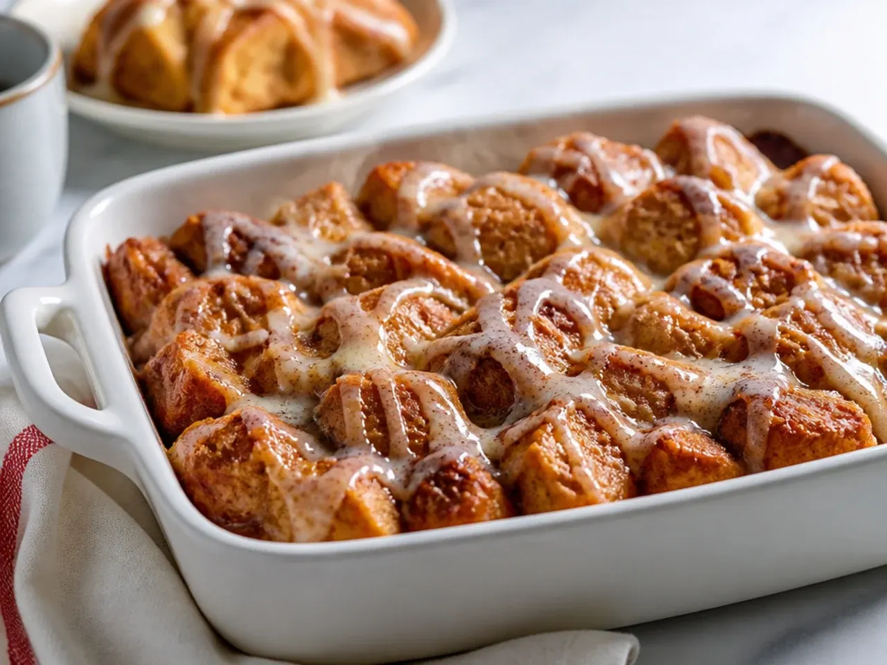 Simple cinnamon roll french toast casserole in a baking dish with minimal toppings