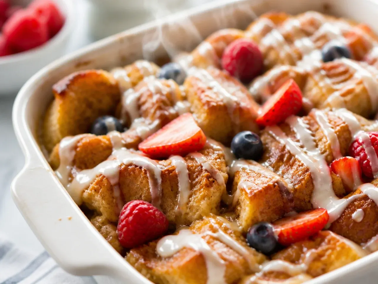 Warm spiced cinnamon roll french toast casserole with a caramelised brown sugar top