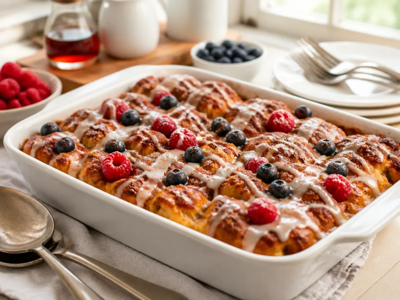 Plain cinnamon roll french toast casserole cut into squares on a wooden board