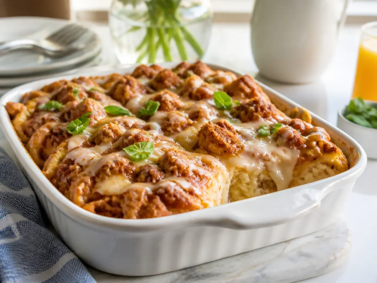 Close-up of creamy cinnamon roll french toast casserole with a soft, custardy interior