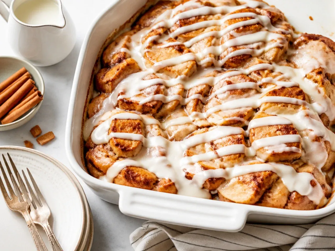 Loaded cinnamon roll french toast casserole topped with pecans, chocolate chips and caramel drizzle