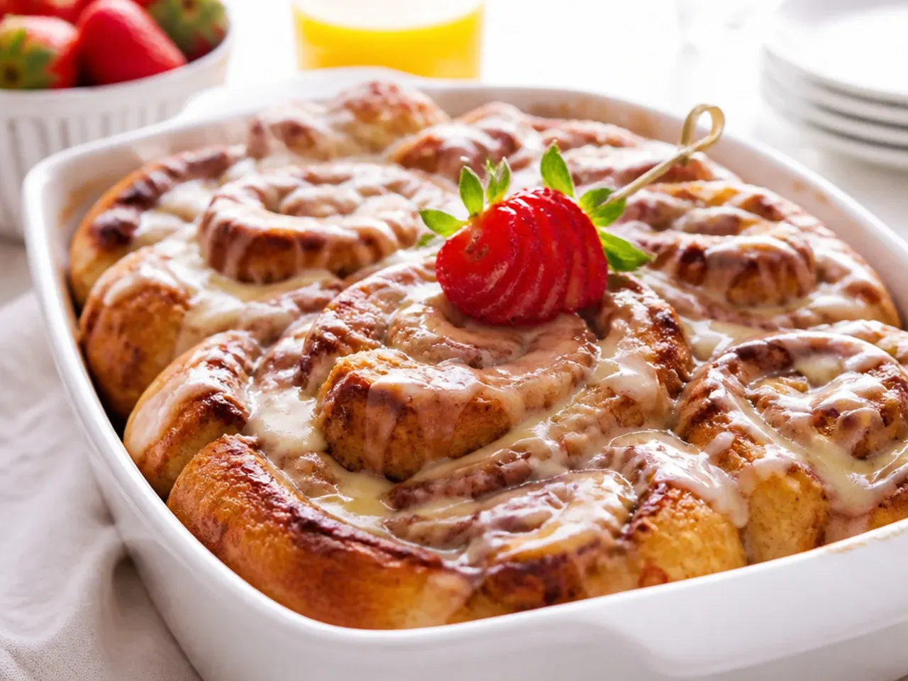 Best-ever cinnamon roll french toast casserole with cream cheese glaze and a golden, crisp top
