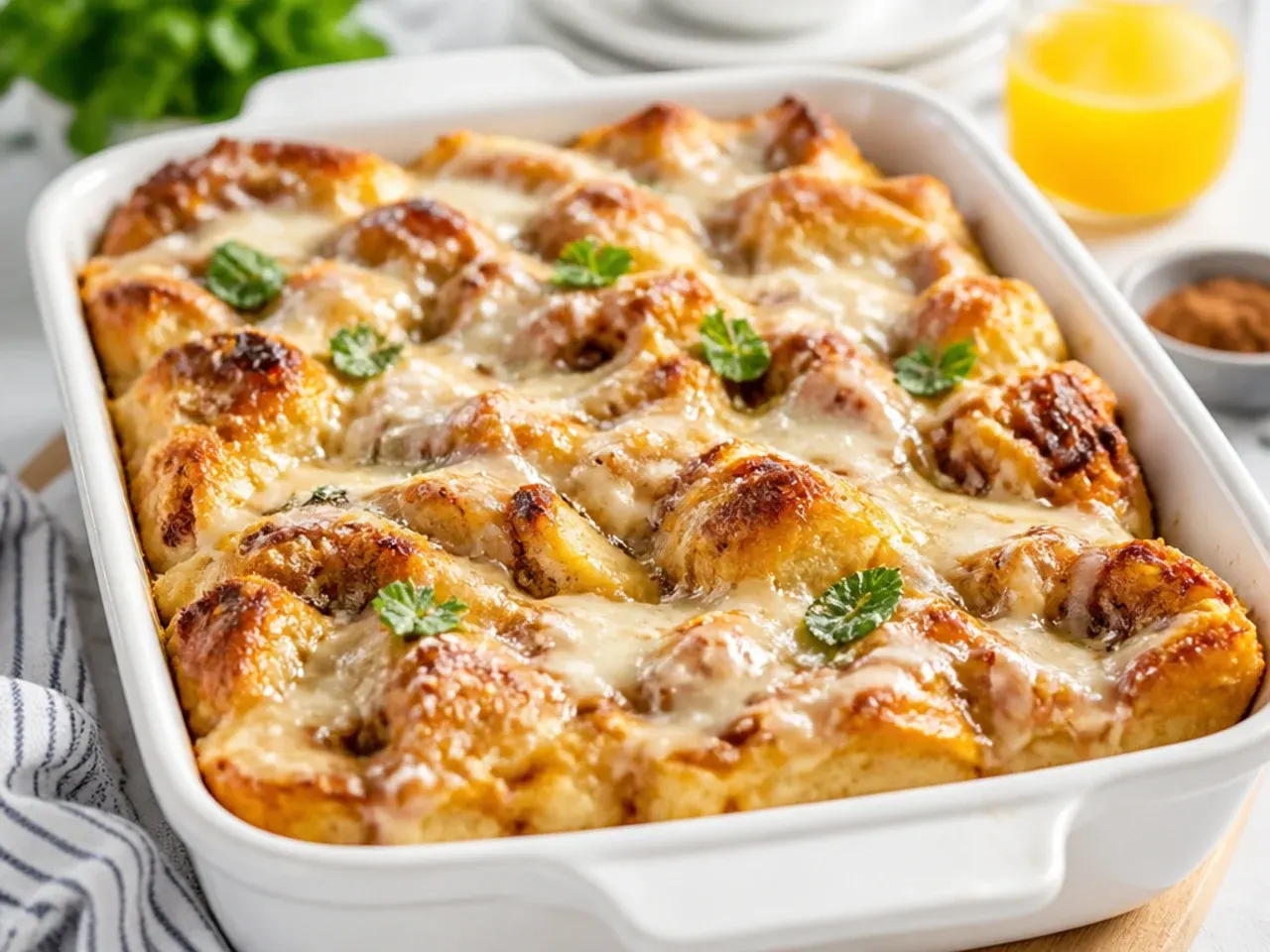 Cinnamon roll french toast casserole with pockets of melted cream cheese visible in the bake