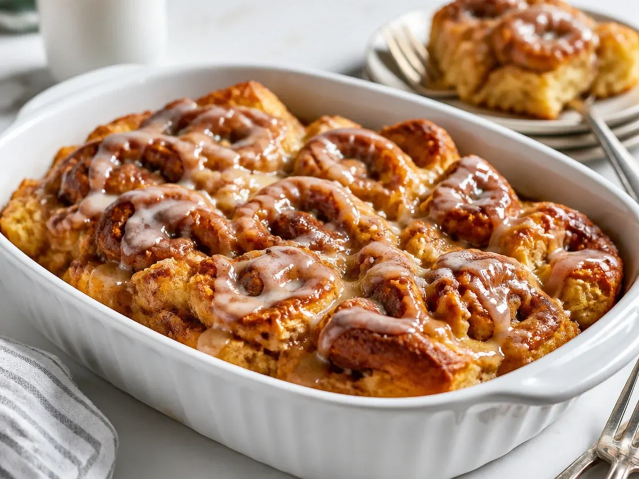 Large tray of cinnamon roll french toast casserole ready to serve at a family brunch