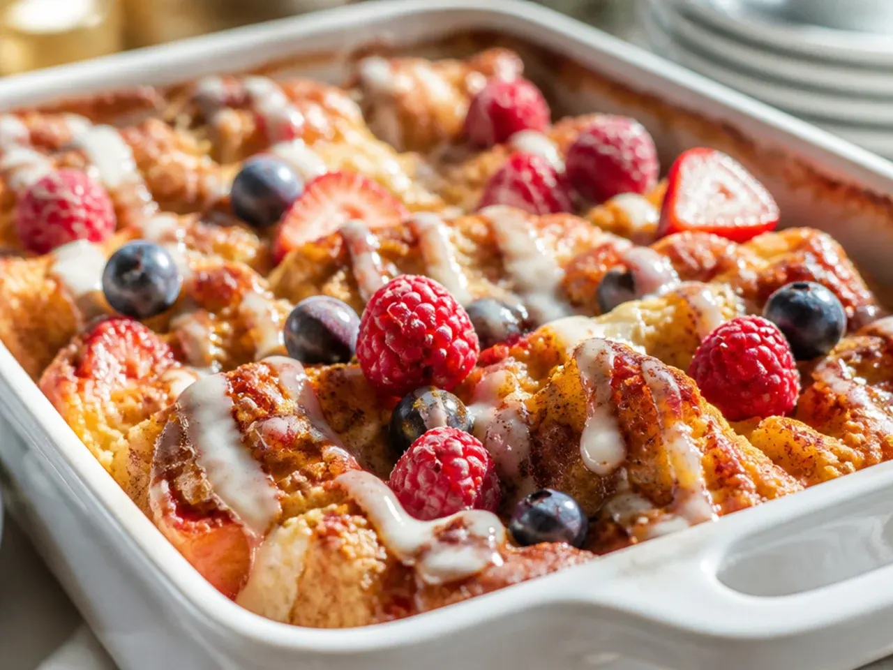 Cinnamon roll french toast casserole covered in cling film ready to refrigerate overnight