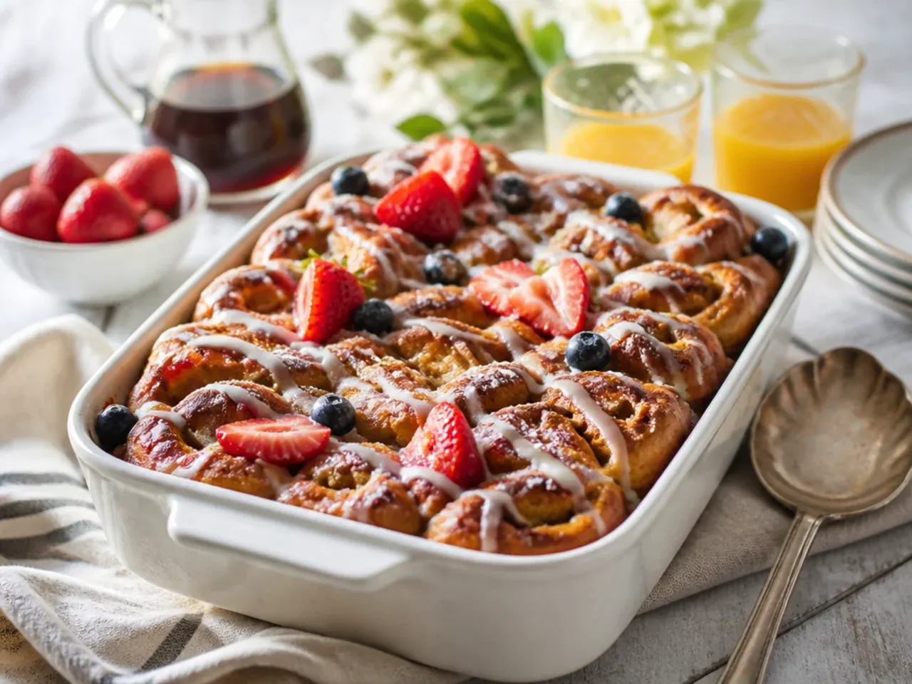Individual squares of family-style cinnamon roll french toast casserole plated with fresh fruit