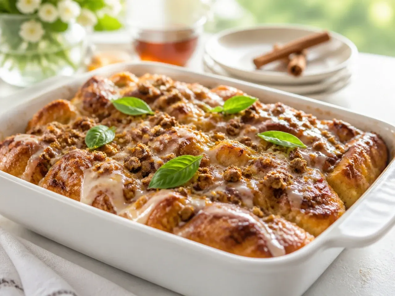 Festive cinnamon roll french toast casserole with cranberries and a dusting of icing sugar