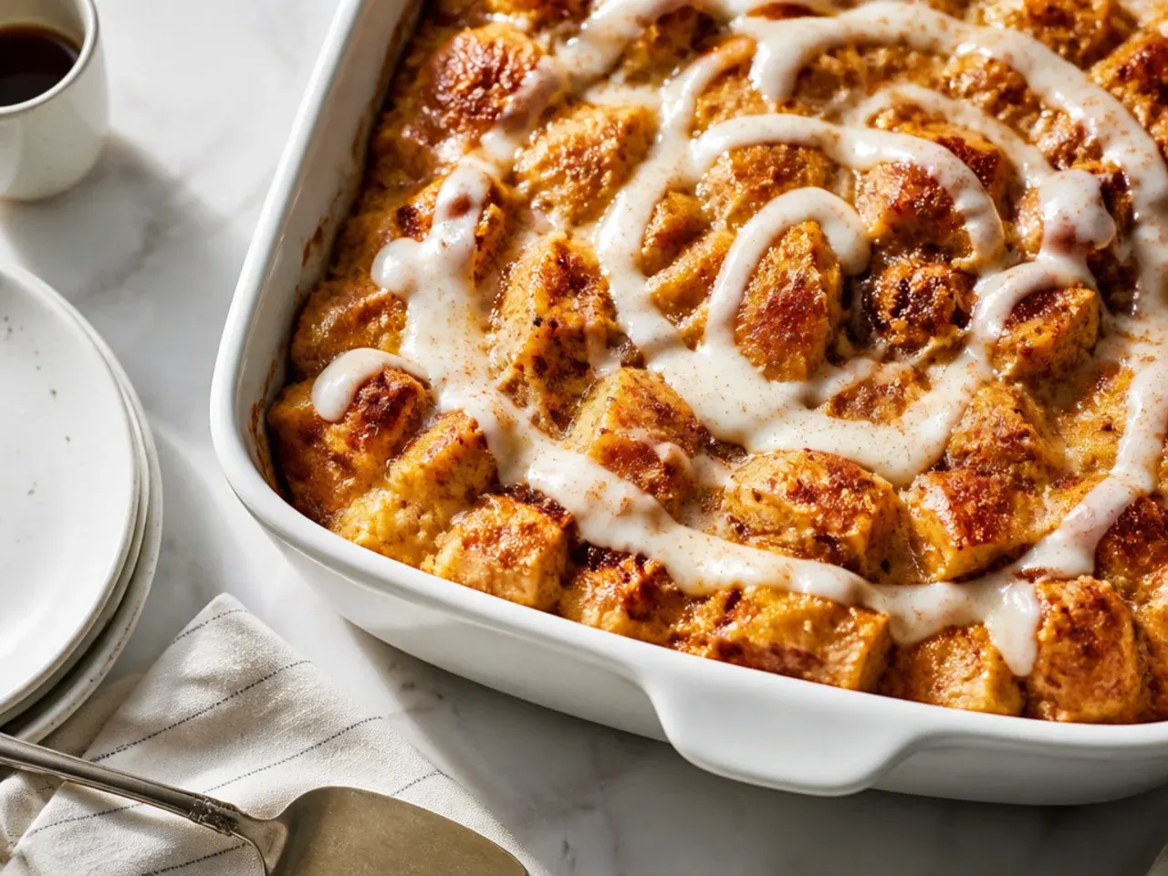 Quick cinnamon roll french toast casserole made with small diced pieces for fast soaking