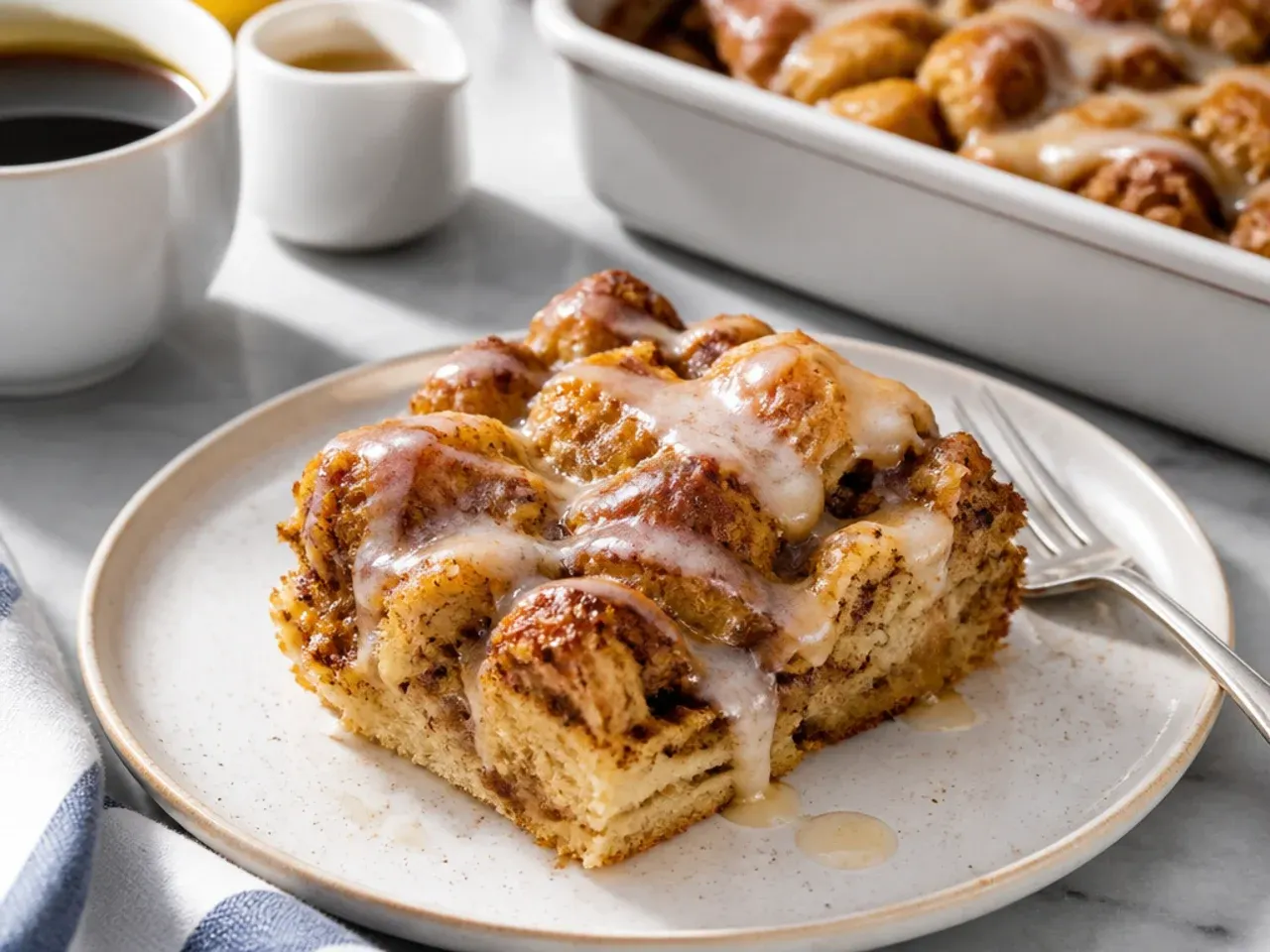 Cinnamon roll french toast casserole served on plates with bacon and fresh berries for brunch