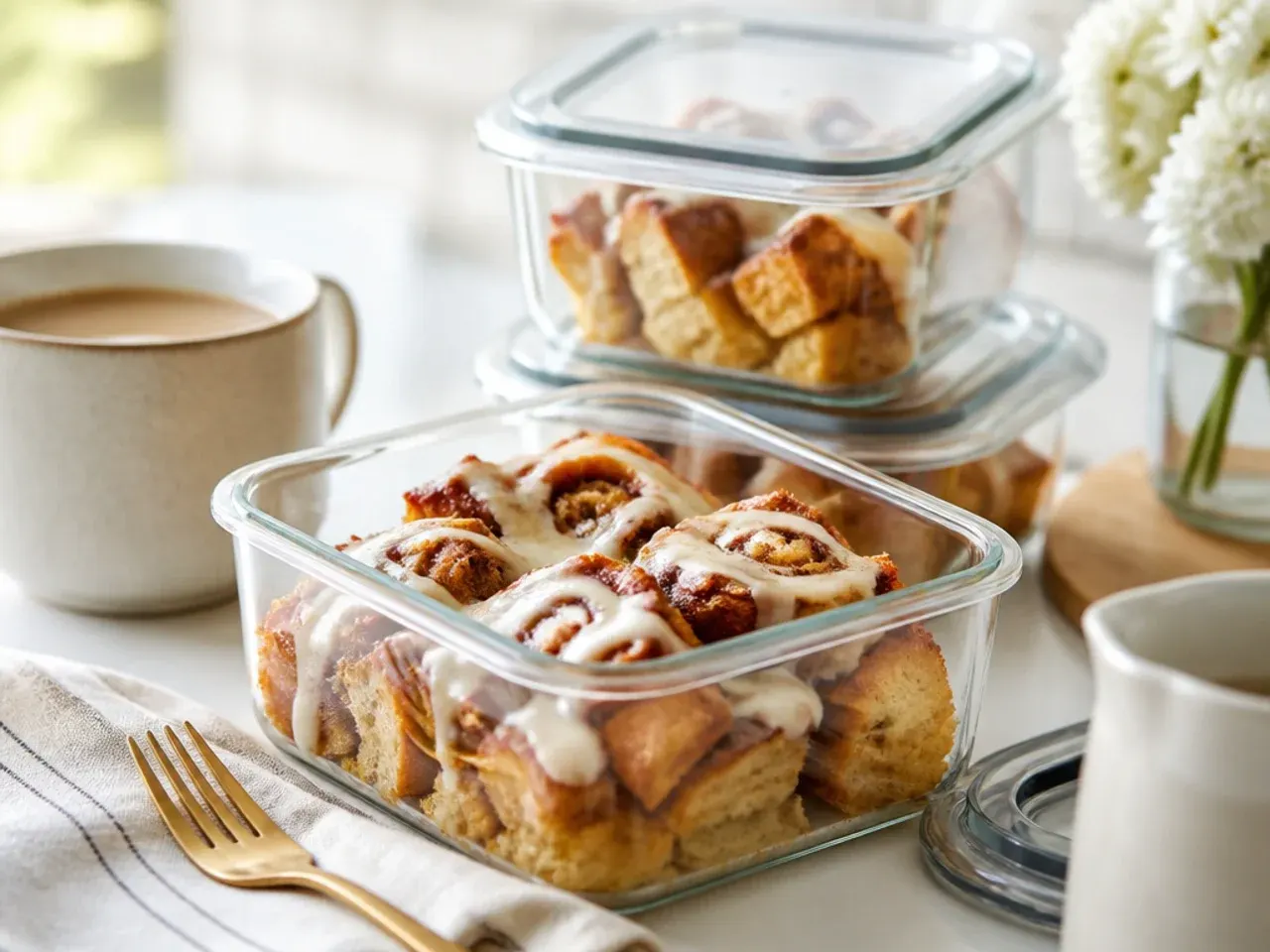Leftover cinnamon roll french toast casserole squares stored in a glass container in the fridge