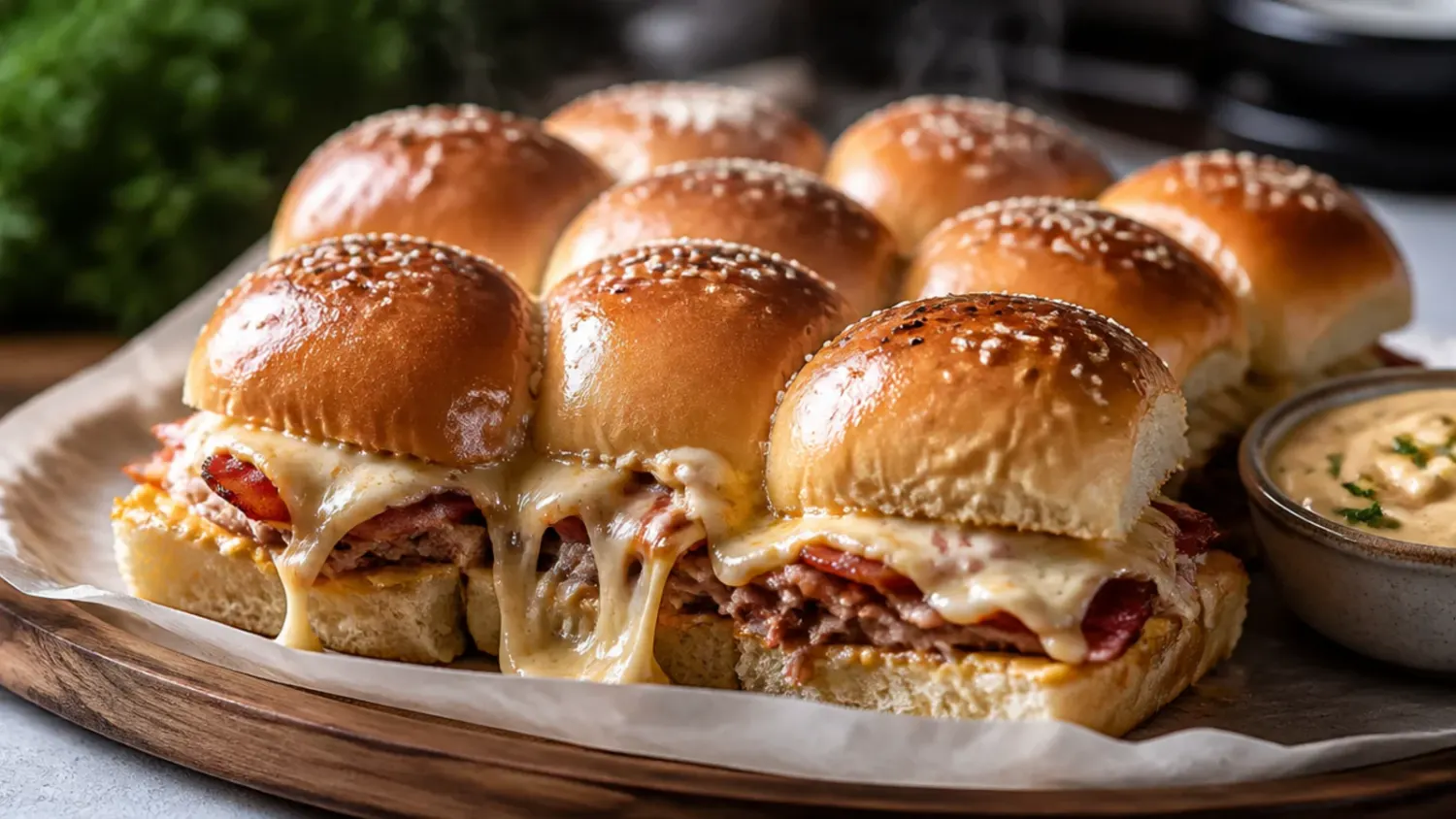 Tray of baked club sliders on Hawaiian rolls with melted cheese and golden garlic butter tops, sliced and ready to serve