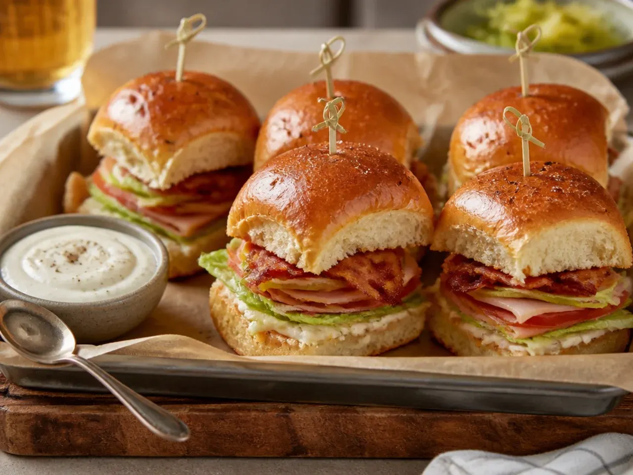 Hawaiian roll club sliders in a baking dish before slicing, topped with golden garlic butter