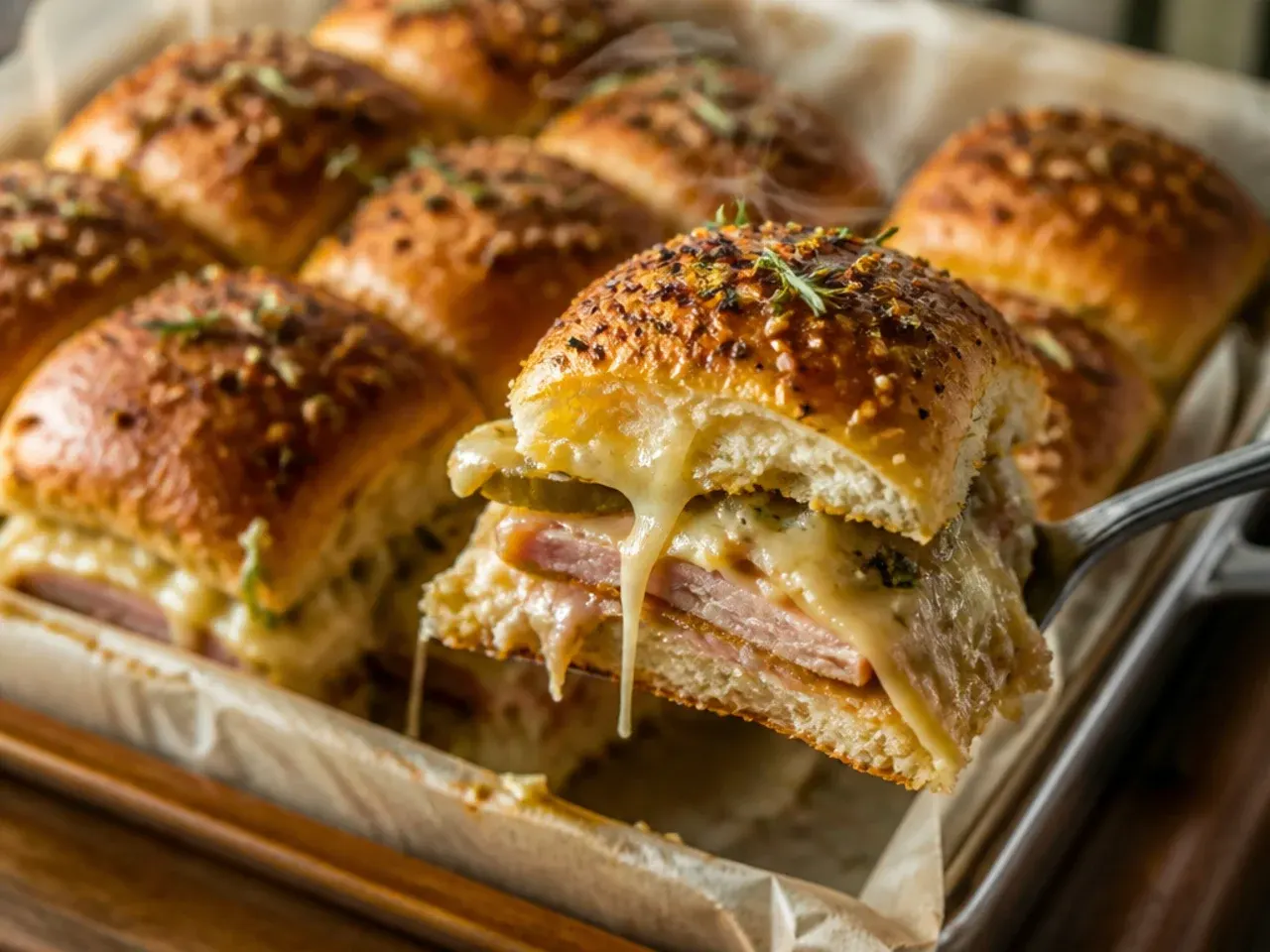 Close-up cross-section of a Hawaiian roll slider showing melted cheese layers
