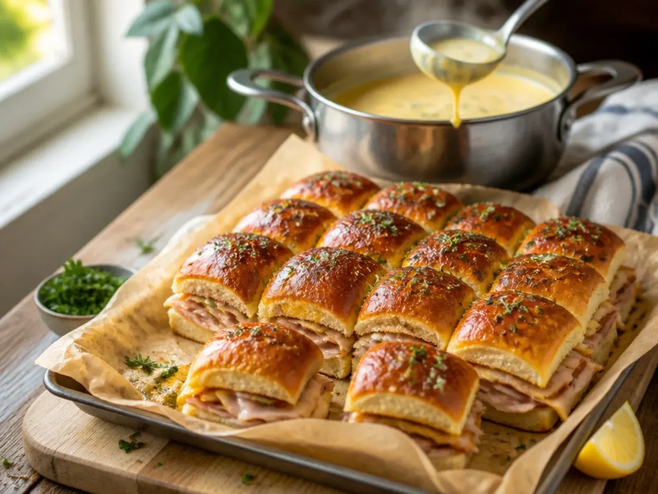 Tray of sliders fresh from the oven next to a single toasted club sandwich on a plate