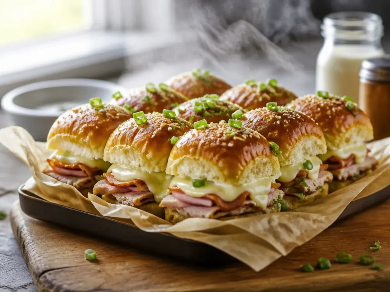 Platter of Hawaiian roll sliders for a party next to one classic club sandwich plated for a solo lunch