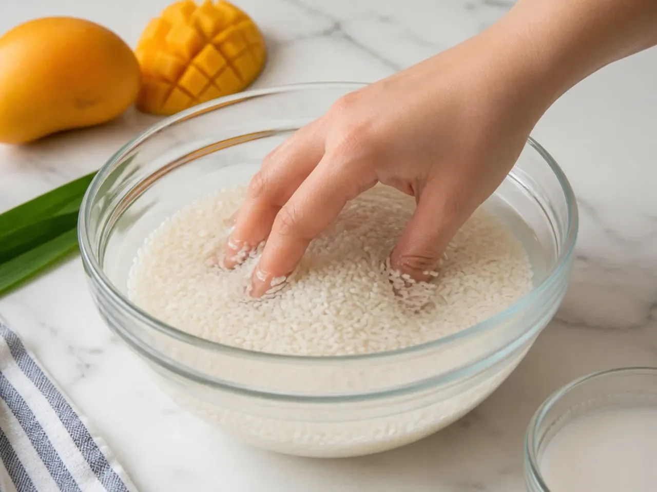 coconut mango sticky rice — step 1: rinse and soak the rice
