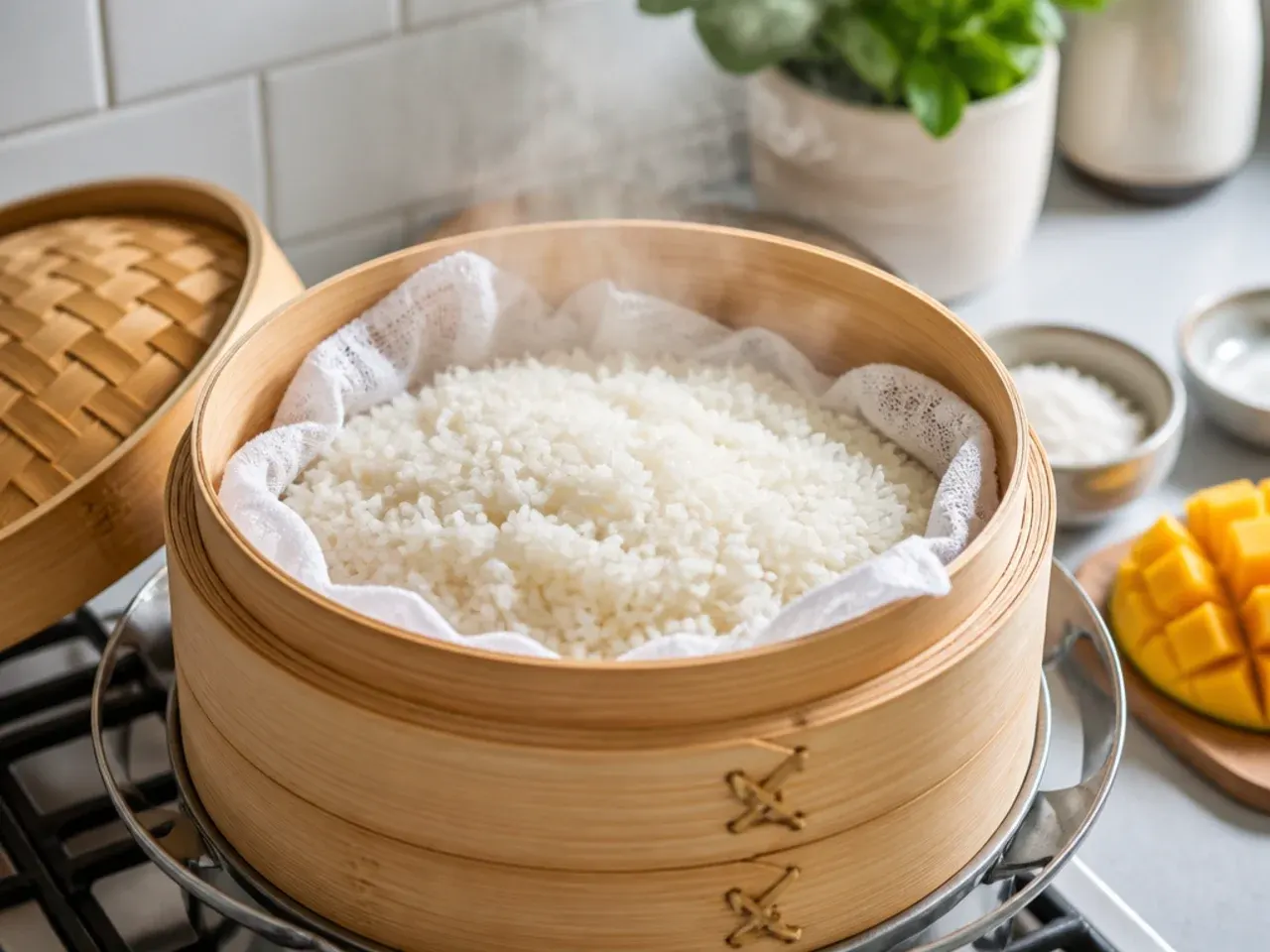 coconut mango sticky rice — step 2: steam the rice