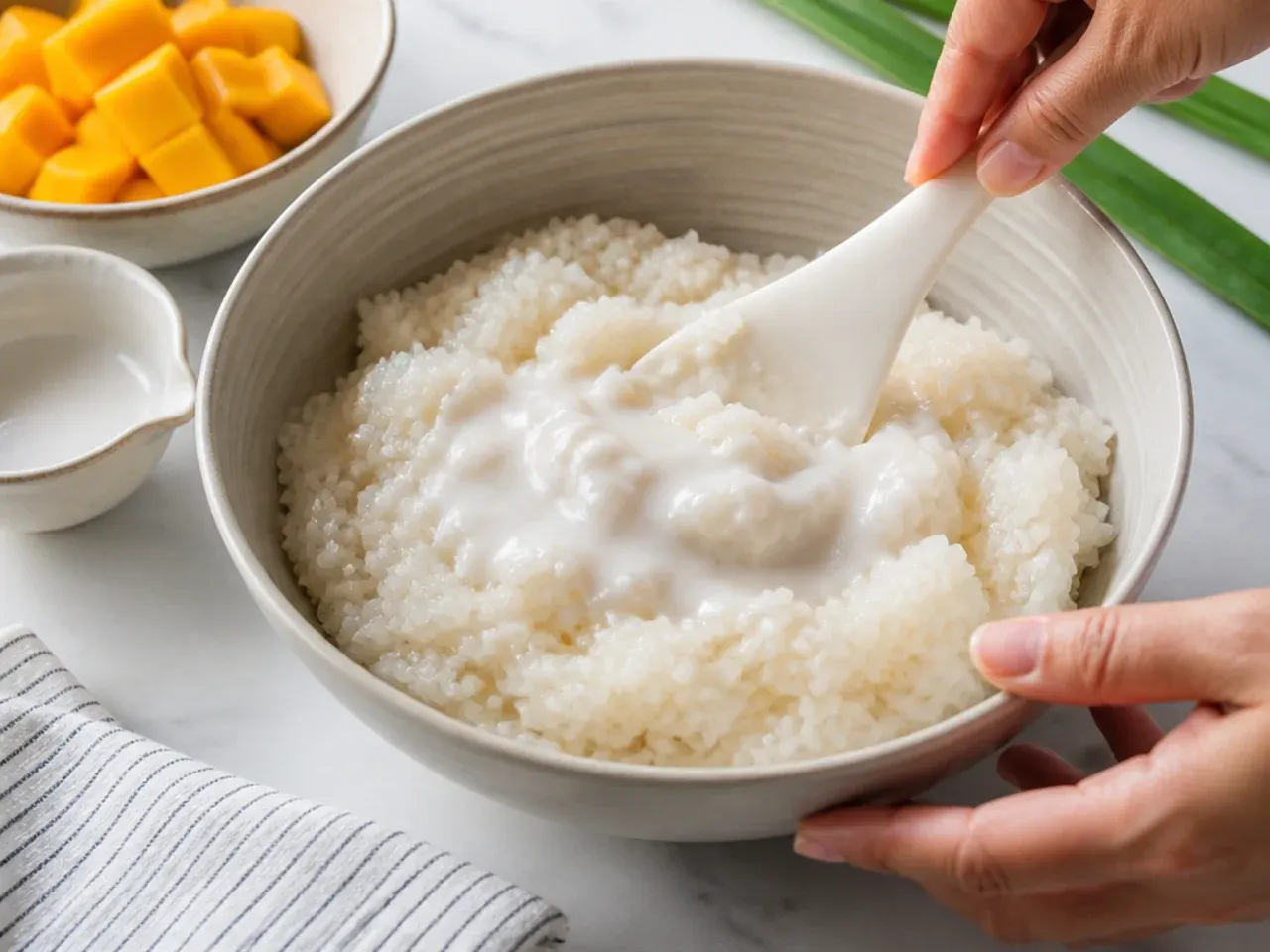 coconut mango sticky rice — step 4: fold the sauce into the hot rice