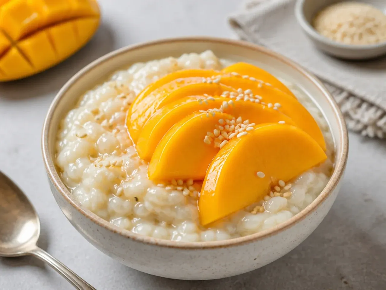 Bowl of creamy coconut mango sticky rice topped with fresh mango slices and sesame seeds