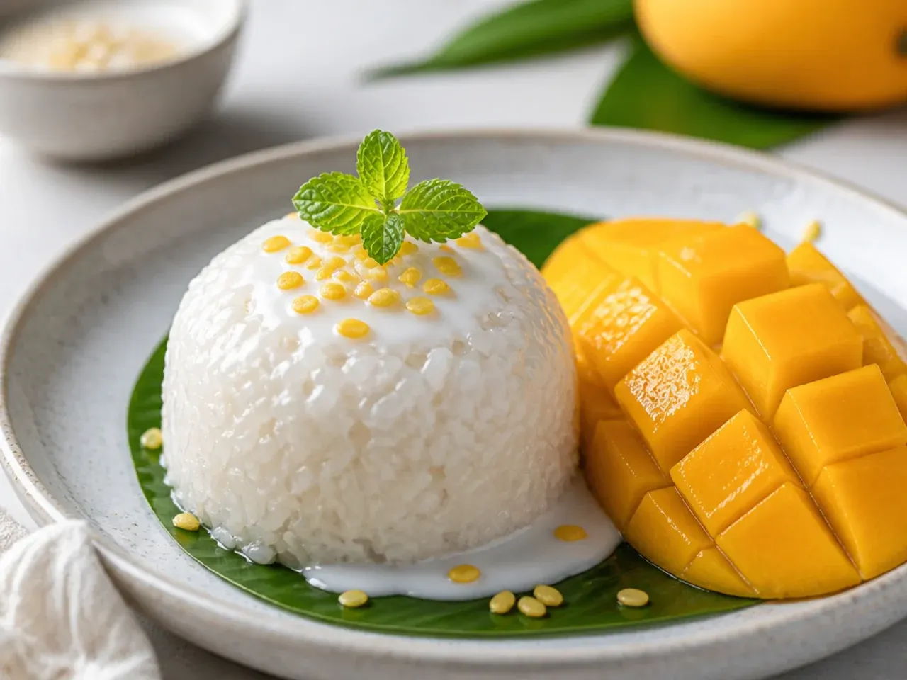 coconut mango sticky rice — elegant individual coconut sticky rice domes