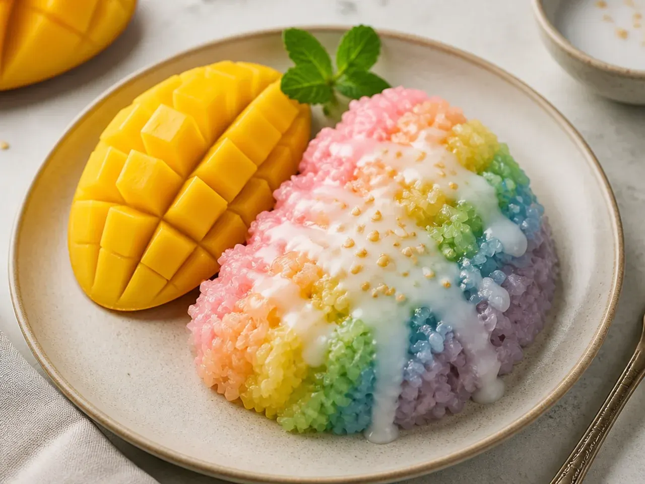 coconut mango sticky rice — playful rainbow coconut mango sticky rice