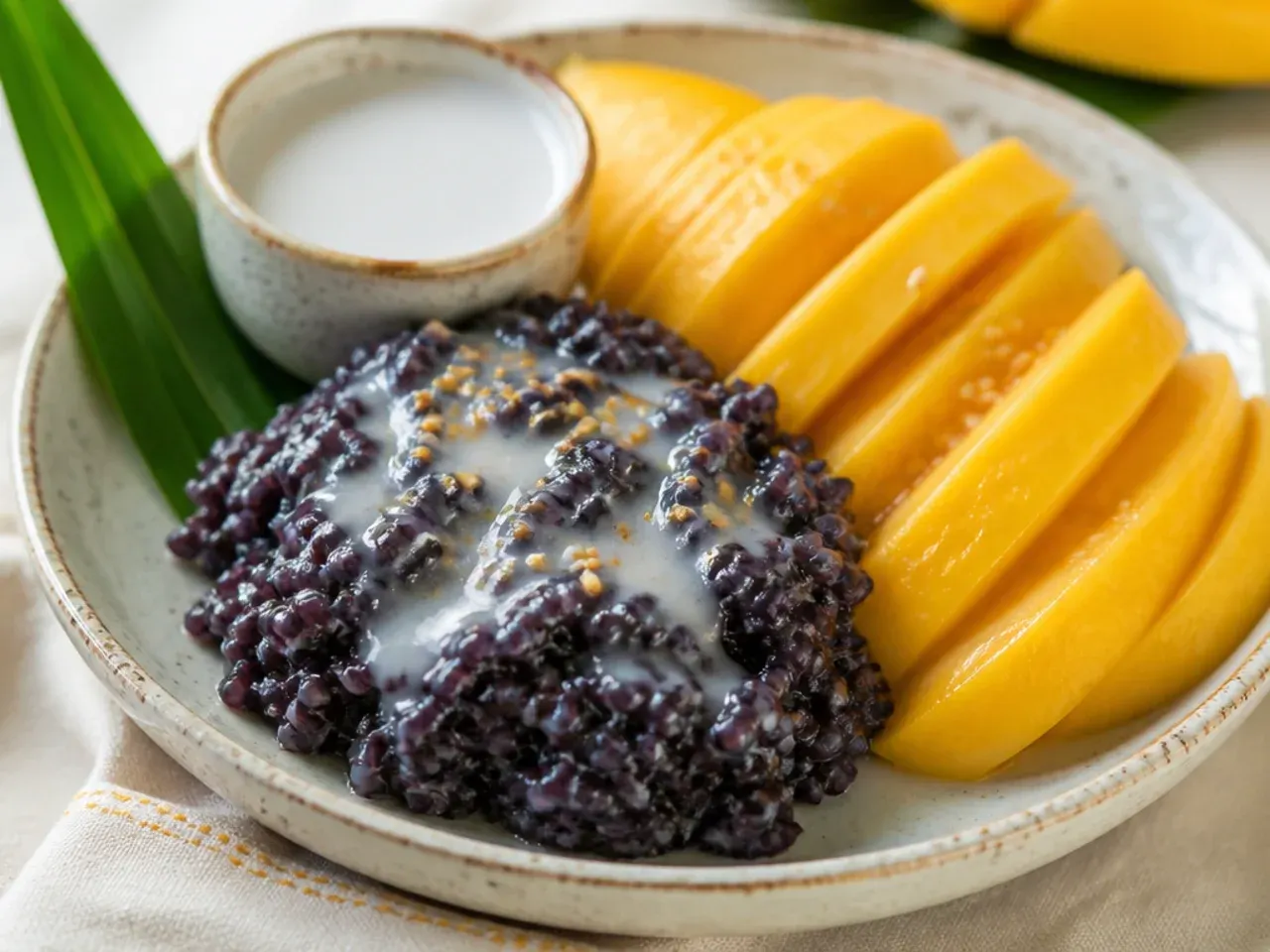coconut mango sticky rice — colorful black sticky rice with mango and coconut