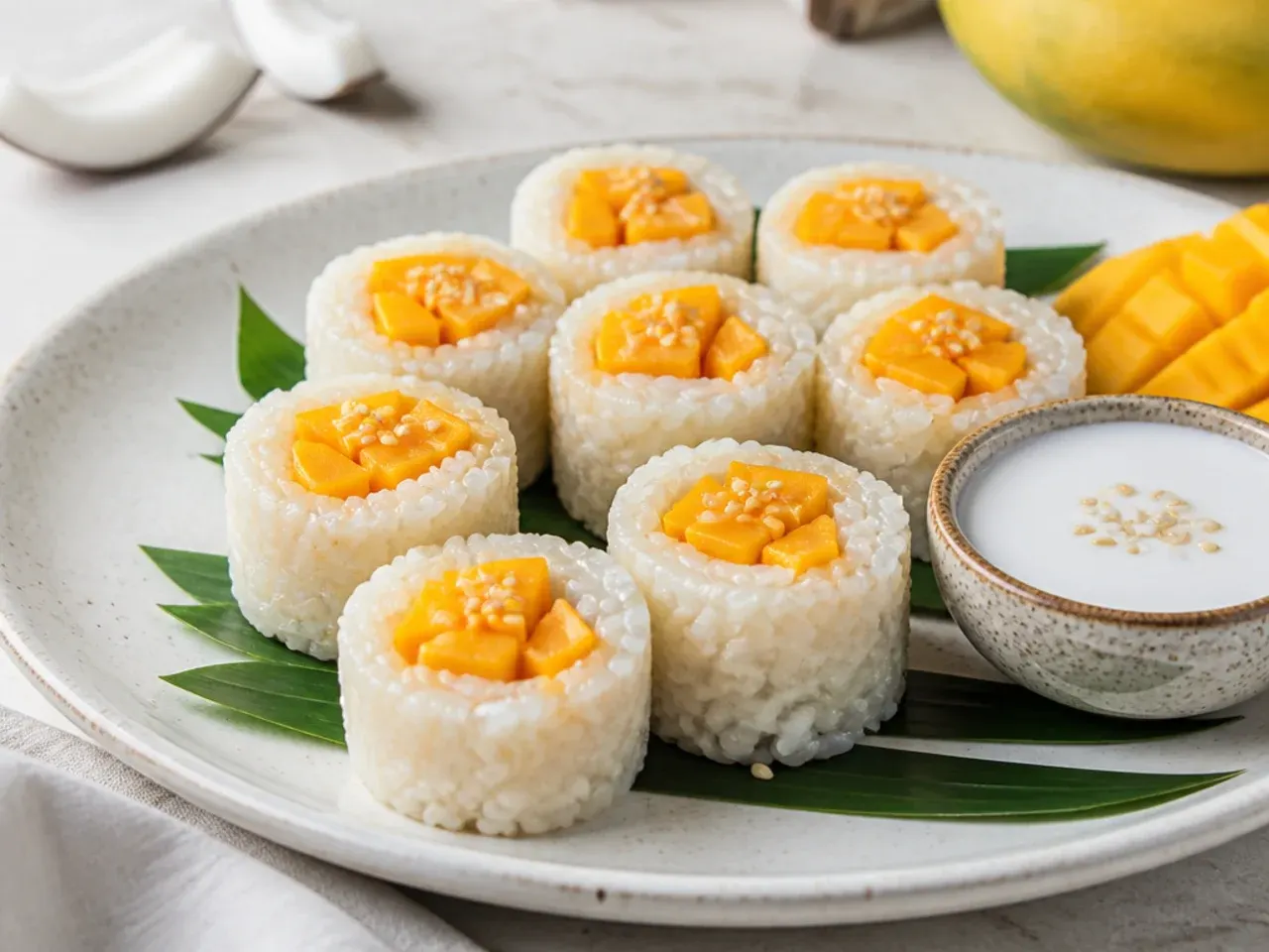 coconut mango sticky rice — whimsical coconut sticky rice and mango sushi rolls