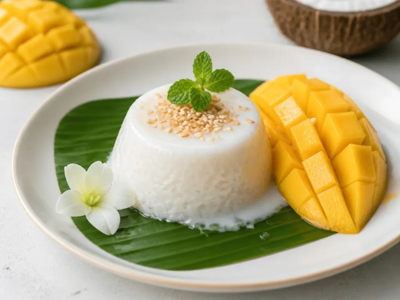 coconut mango sticky rice — delicate coconut panna cotta style sticky rice