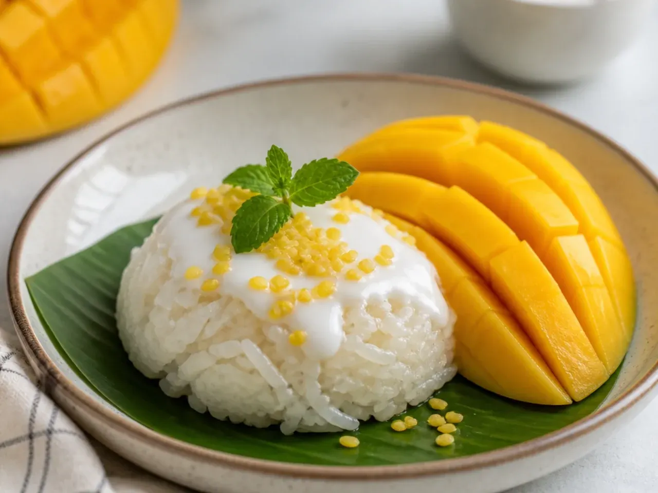 coconut mango sticky rice — vintage mung bean topped mango sticky rice