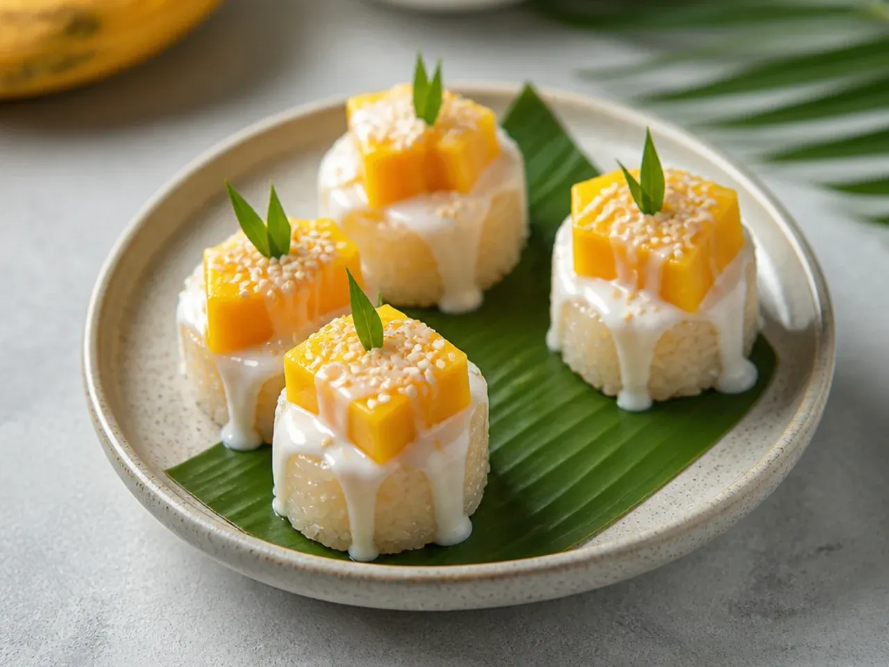 coconut mango sticky rice — playful coconut mango sticky rice bites