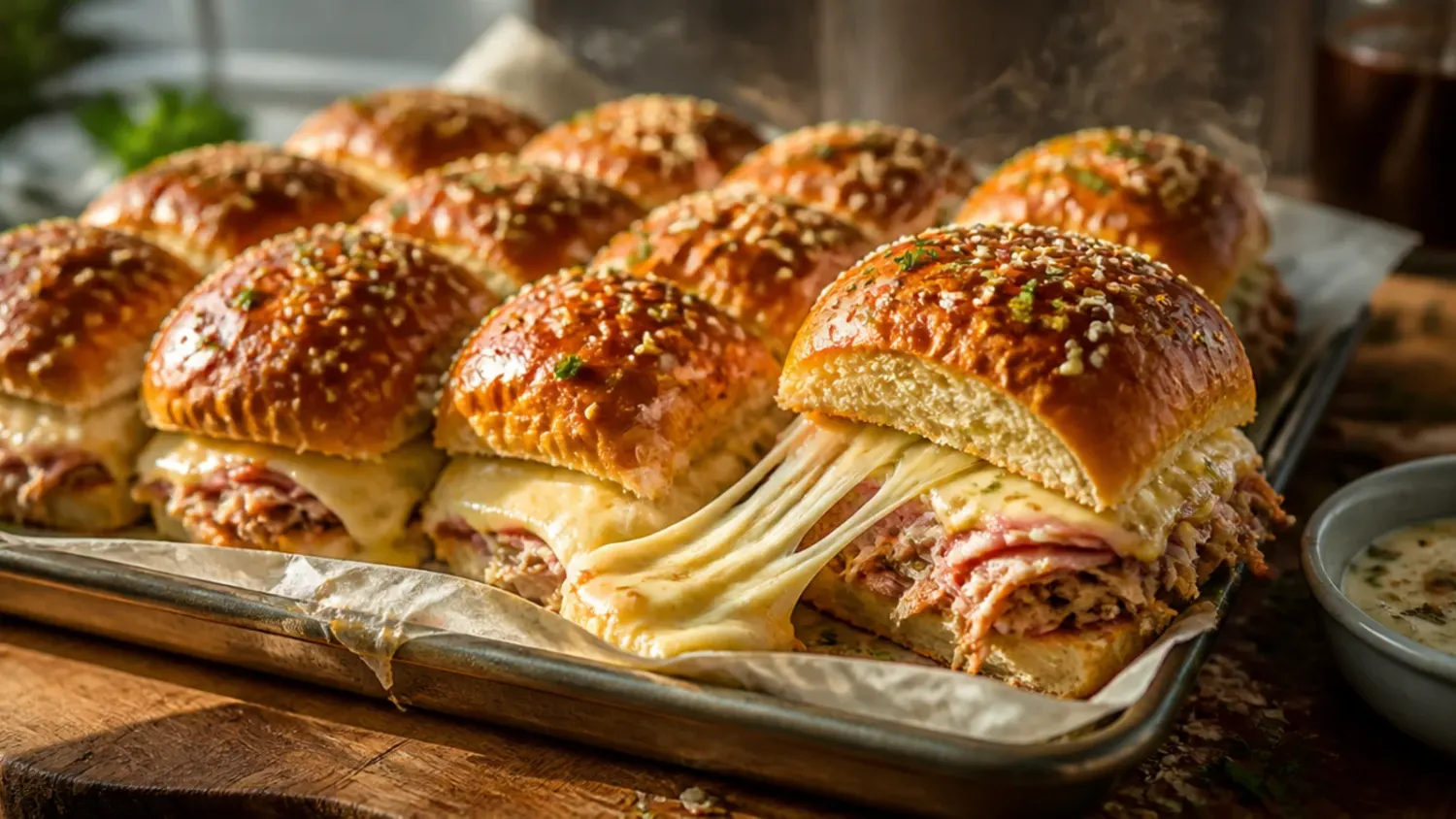 Tray of cold ham and turkey sliders on King's Hawaiian rolls layered with cheddar, lettuce and tomato, sliced and arranged for serving
