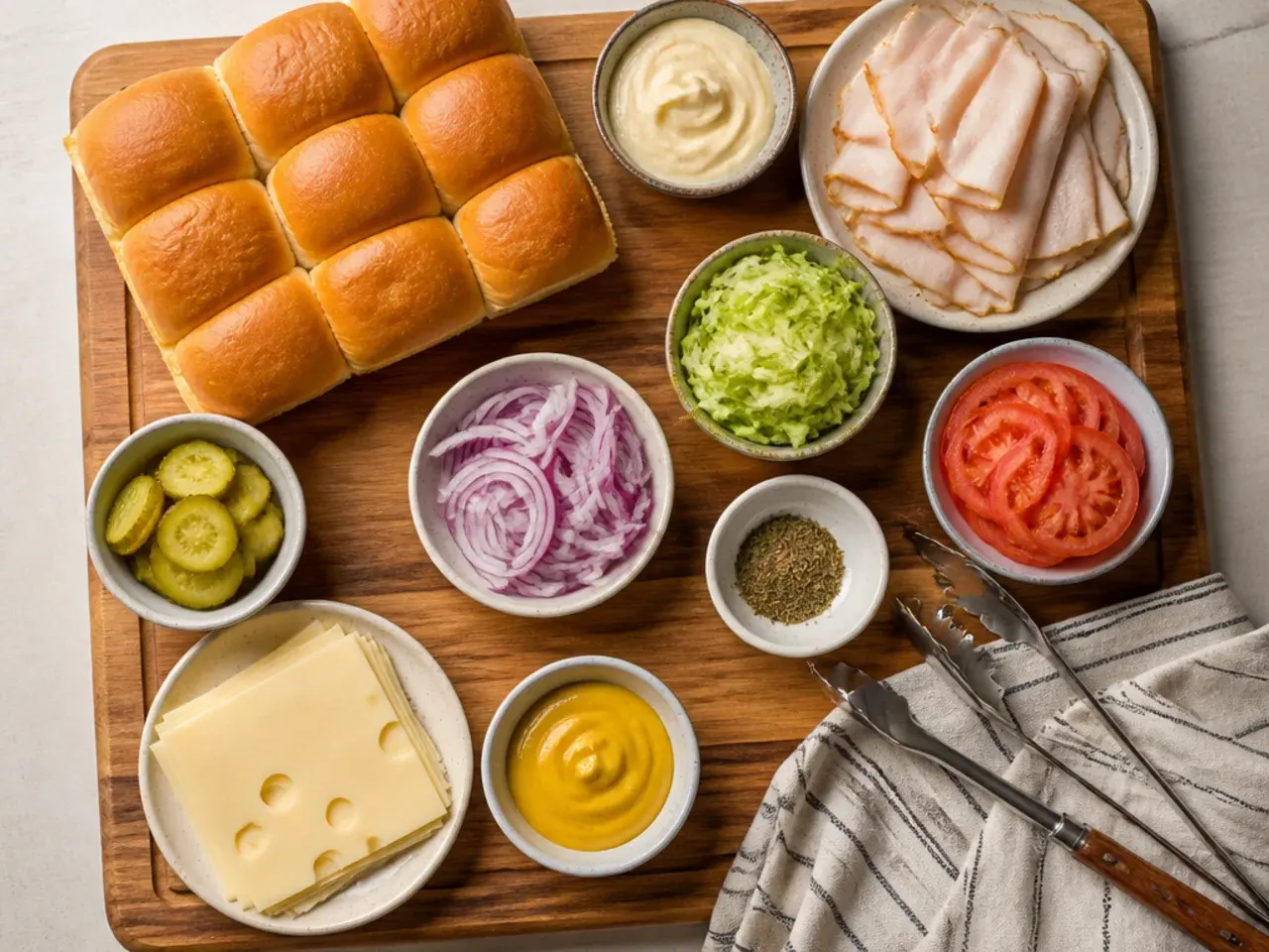 Close-up of a serrated knife slicing chilled cold sliders on Hawaiian rolls, showing distinct layers of ham, cheese and lettuce