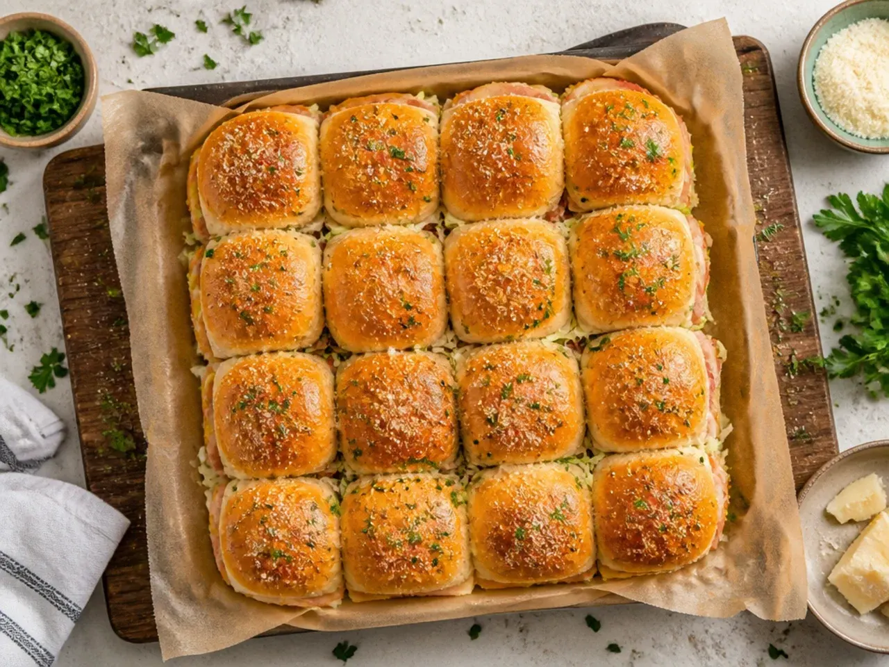 Cold Hawaiian roll sliders wrapped tightly in cling film in a baking dish, ready to chill in the fridge