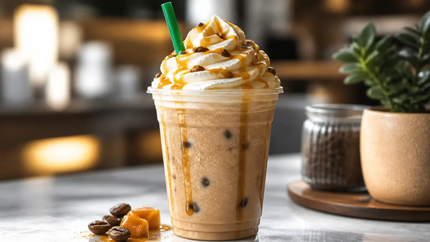 A row of colourful iced Starbucks-style copycat drinks in tall glasses on a wooden counter, topped with cold foam and fresh fruit garnishes