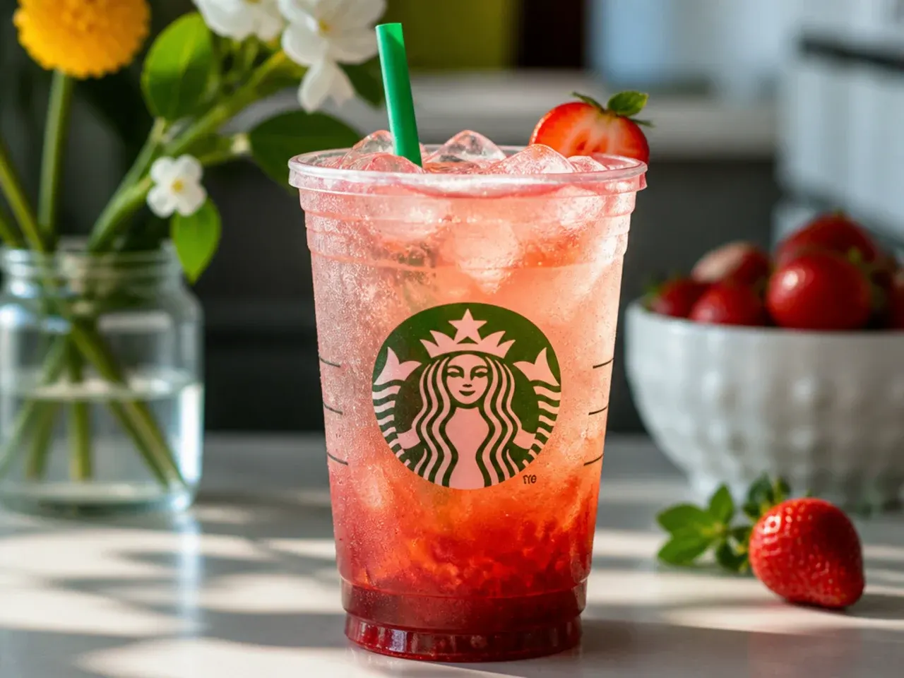 Overhead shot of ingredients for cold Starbucks copycat drinks including espresso, milk, ice and syrups