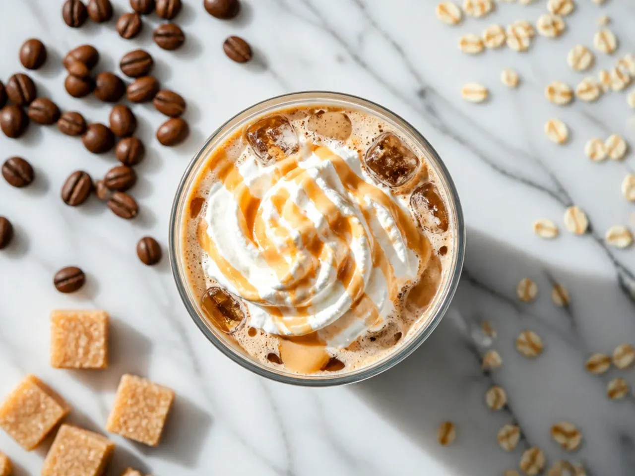 Iced brown sugar oatmilk shaken espresso in a tall glass with visible foam layer