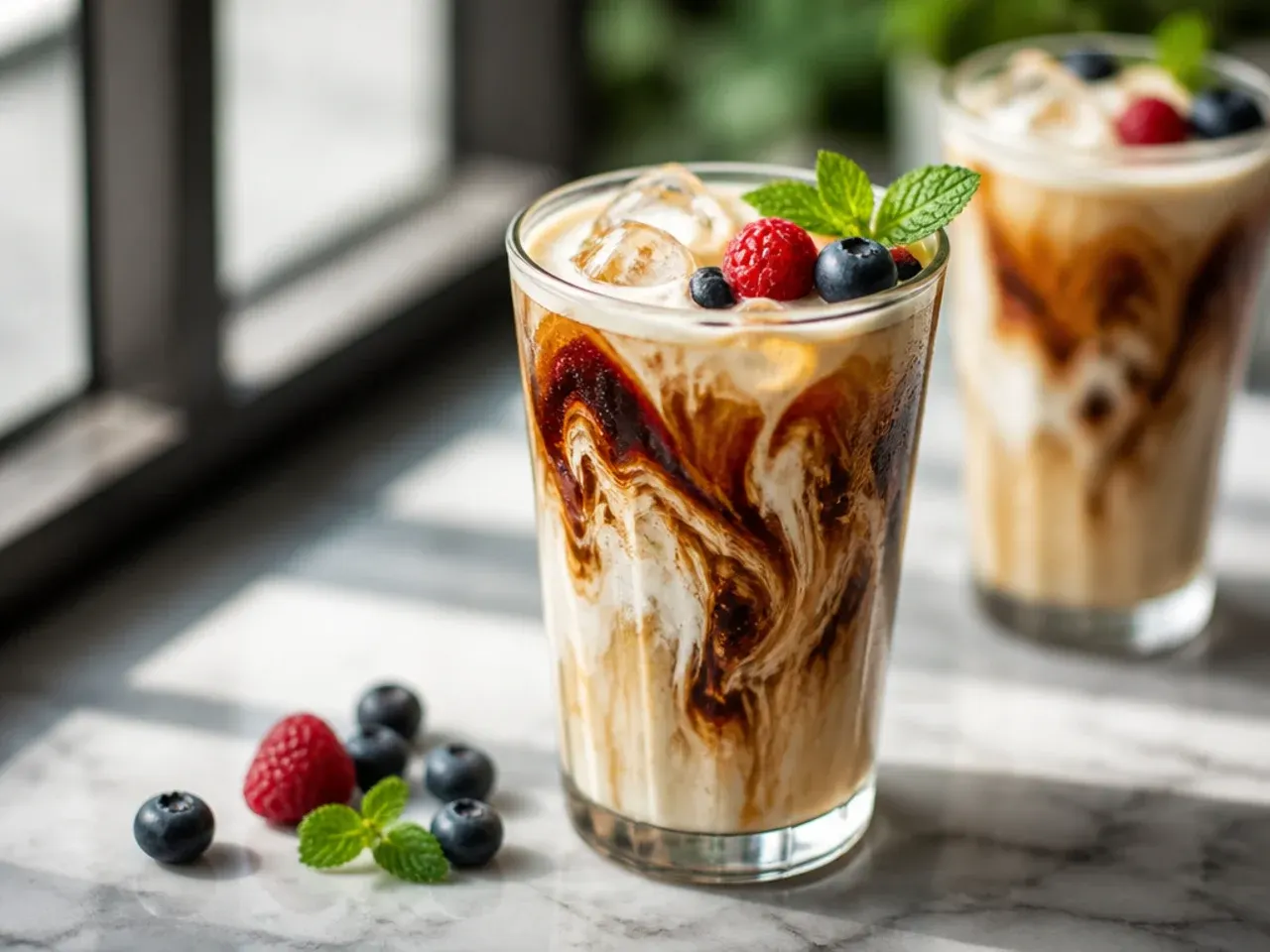 Vanilla sweet cream cold brew with cream floating on top of dark coffee over ice