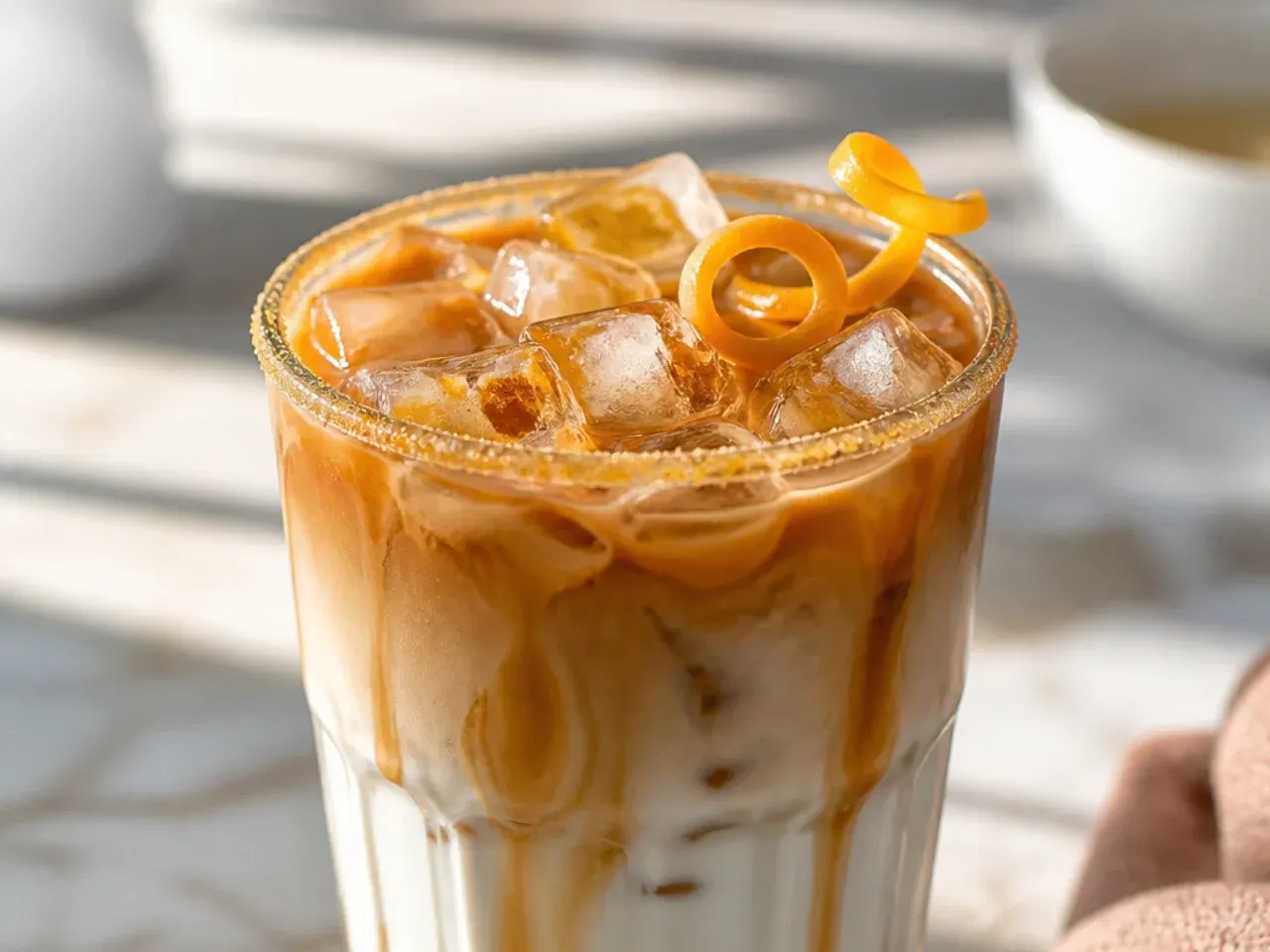 Layered caramel macchiato in a clear glass with caramel drizzle on top