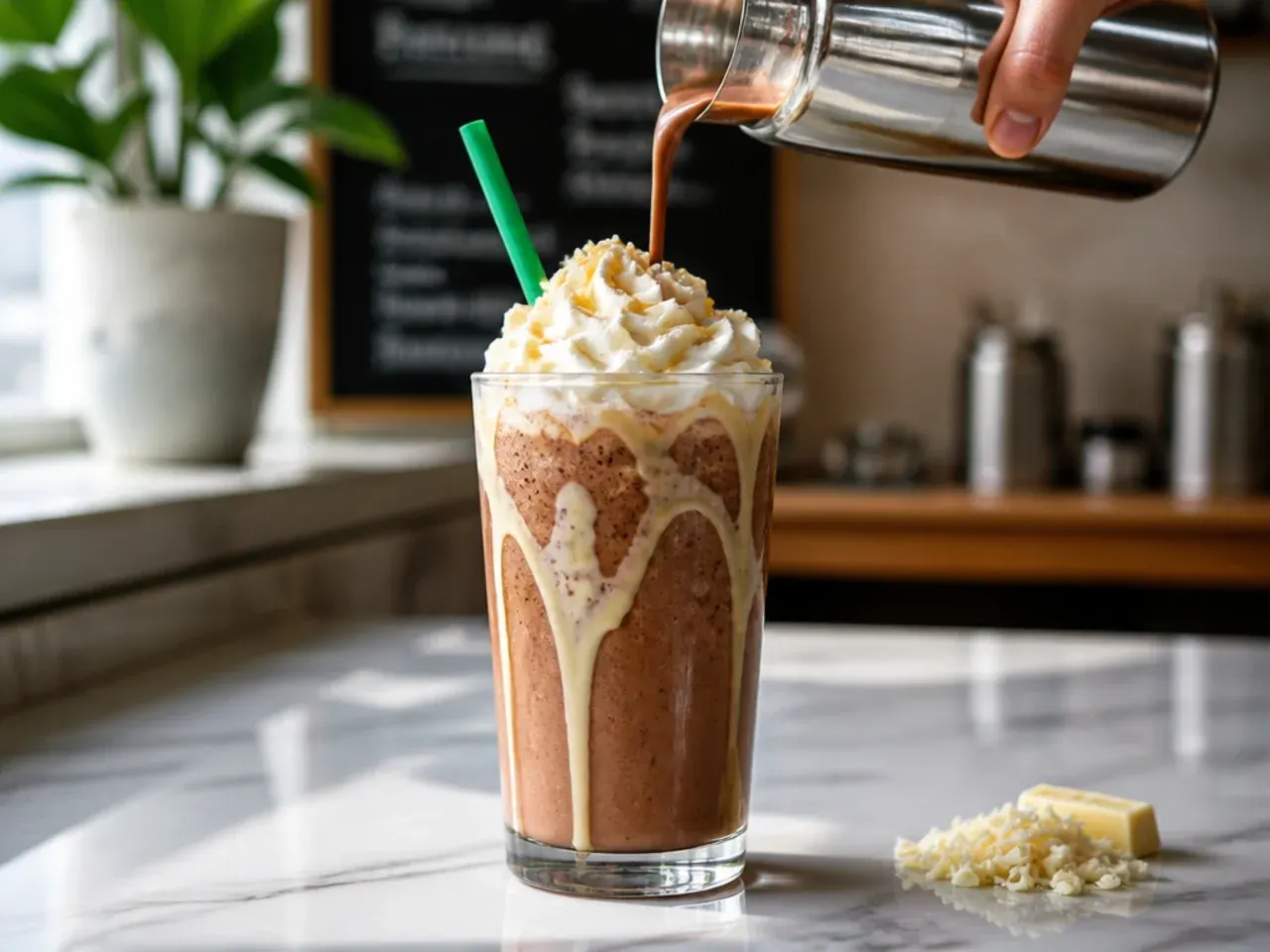 Creamy white chocolate mocha frappuccino topped with whipped cream in a tall glass