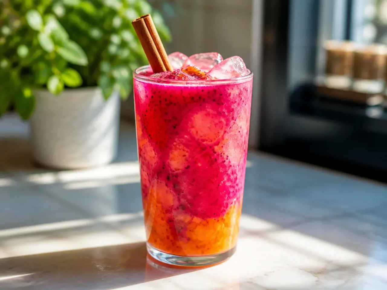 Bright pink mango dragonfruit refresher with fruit pieces in a tall glass over ice