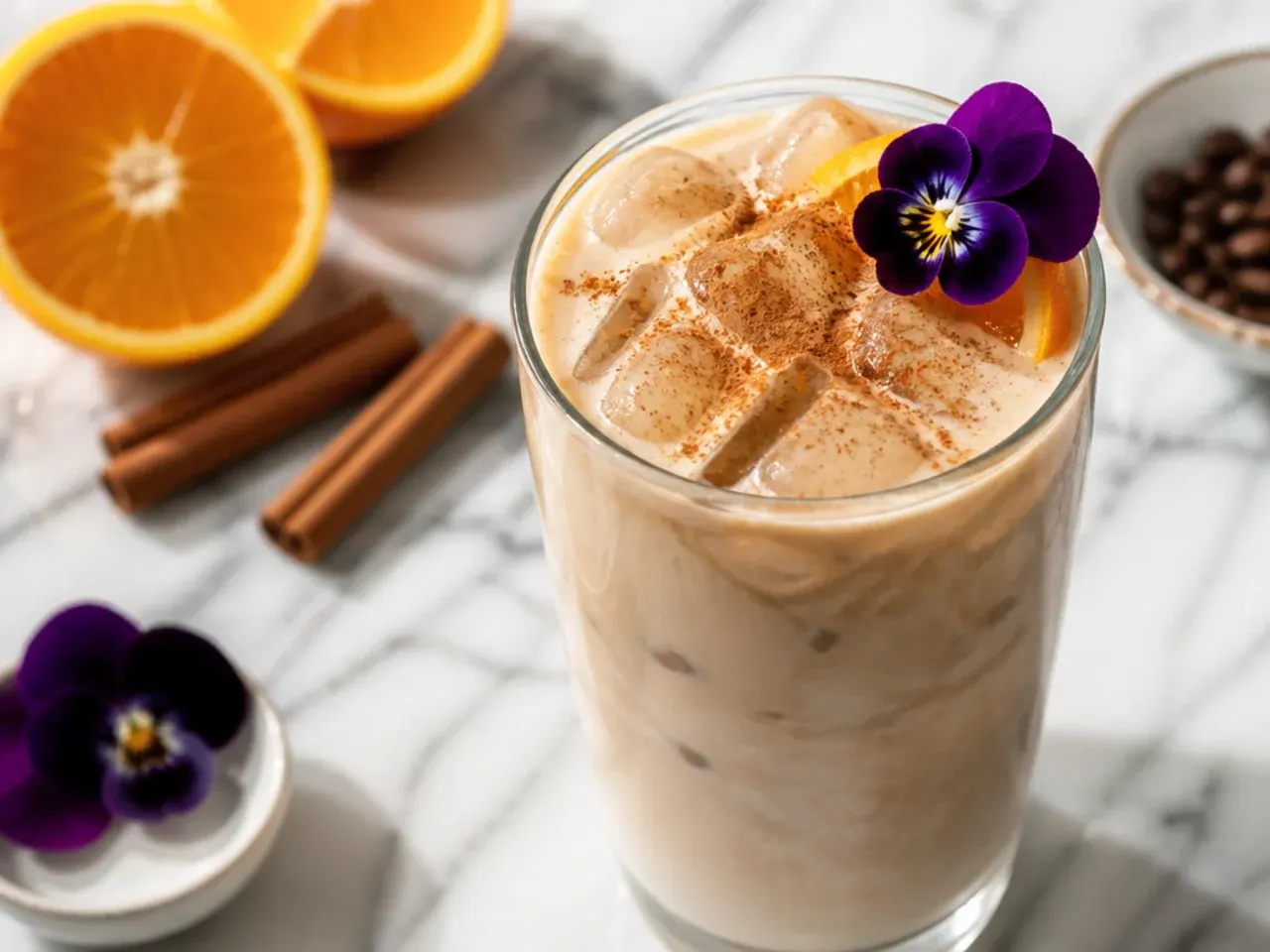 Iced cinnamon dolce latte with whipped cream and cinnamon dusting in a tall glass