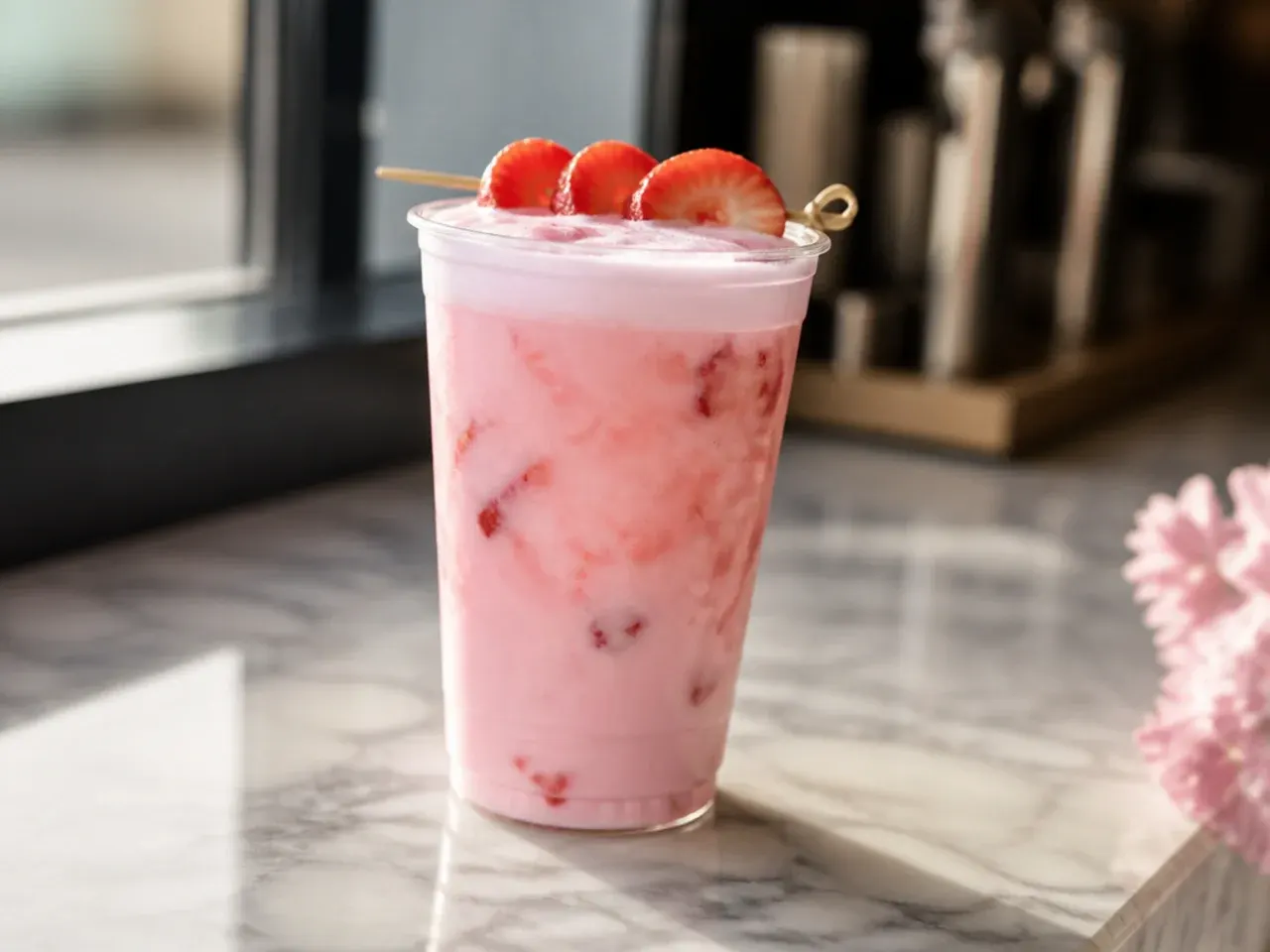 Pale pink coconut milk drink with strawberry pieces in a glass over ice