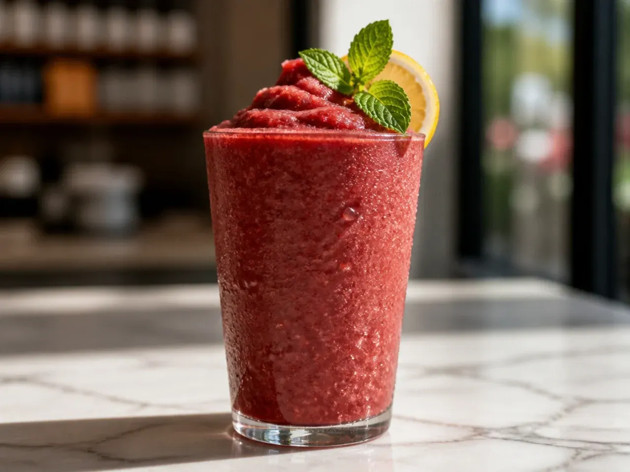 Bright red frozen strawberry acai frappuccino blended into a slushy texture in a glass