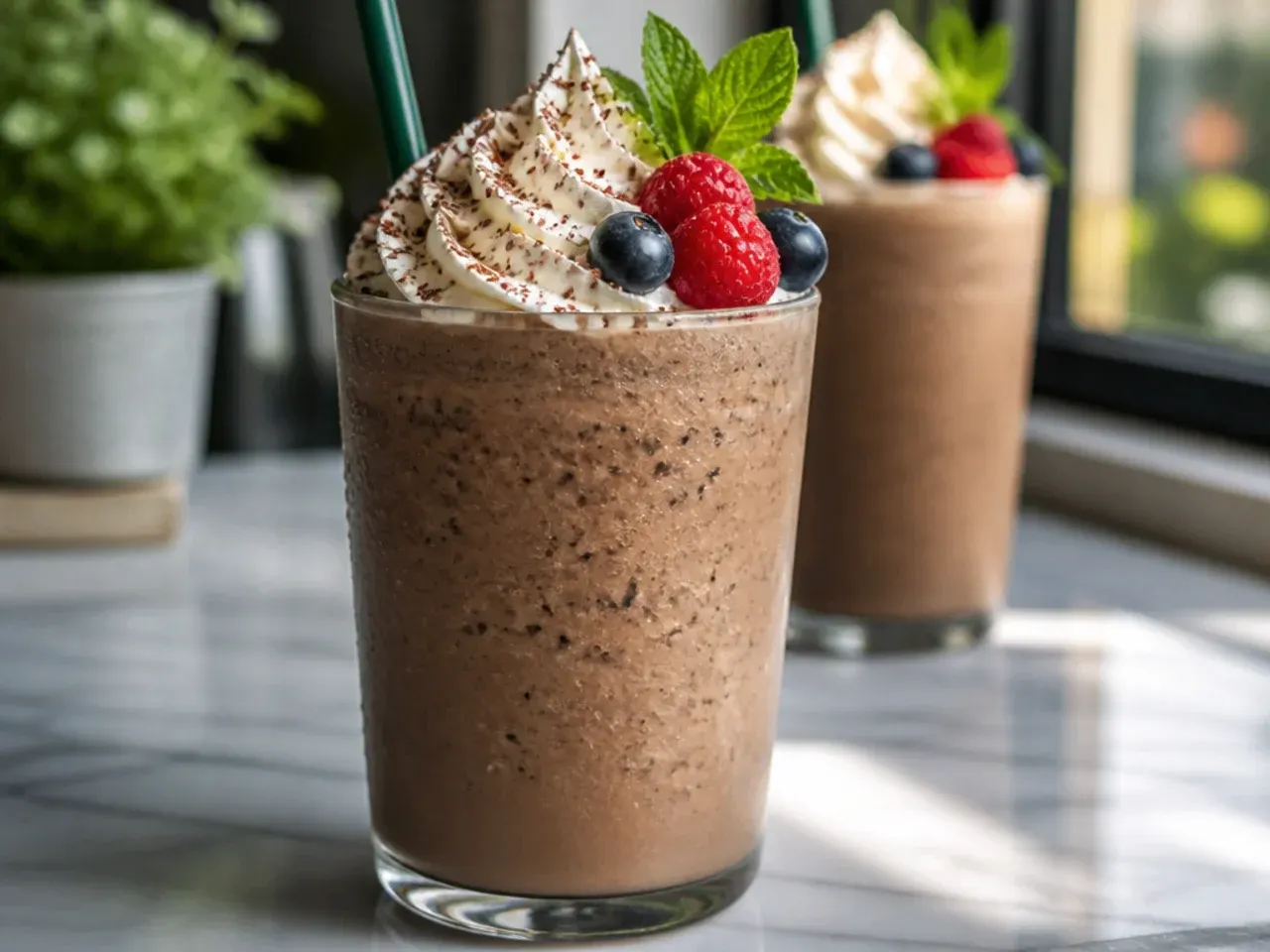 Java chip frappuccino with visible chocolate flecks topped with whipped cream