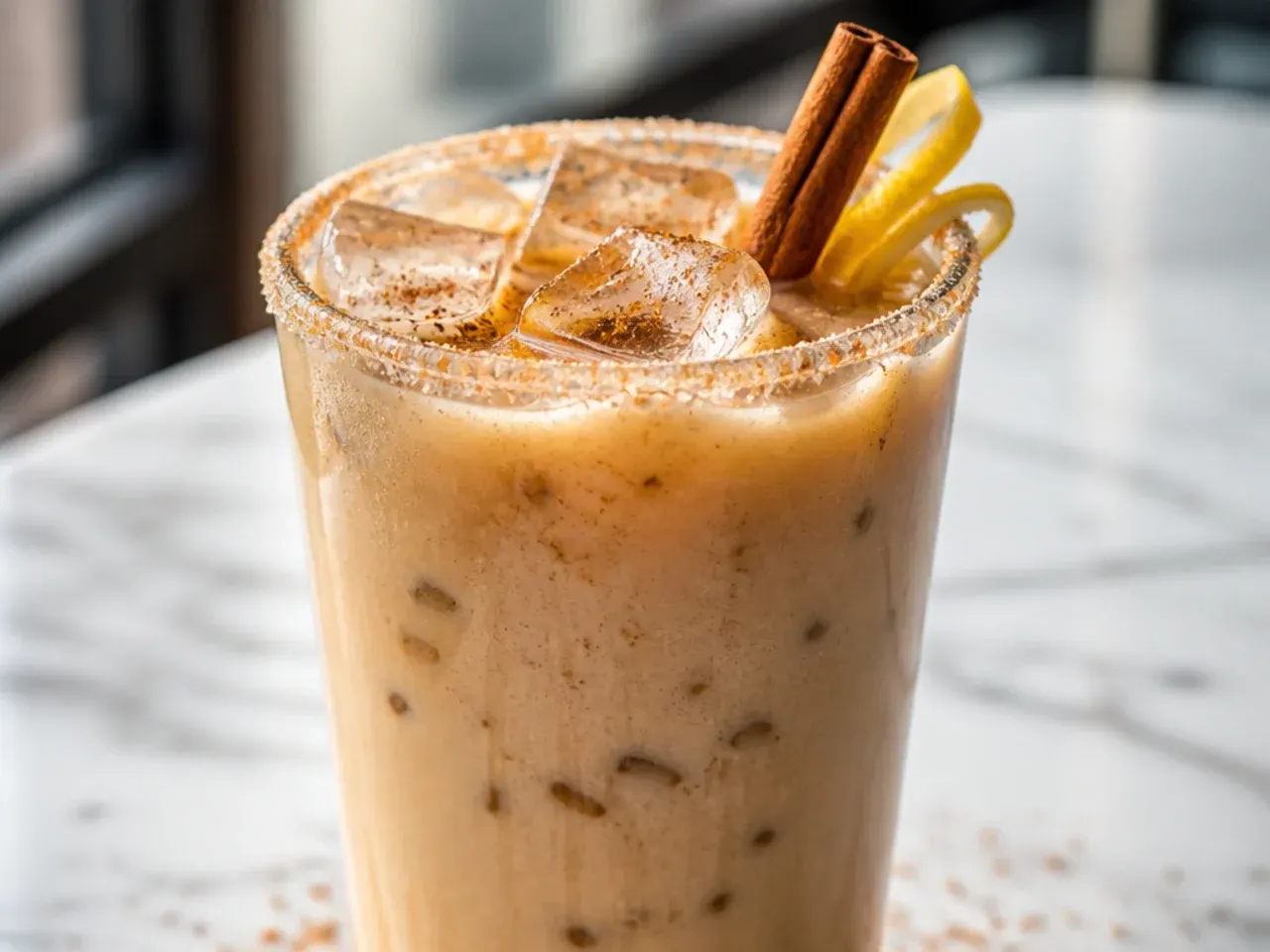 Iced chai tea latte with visible spice flecks in a tall glass