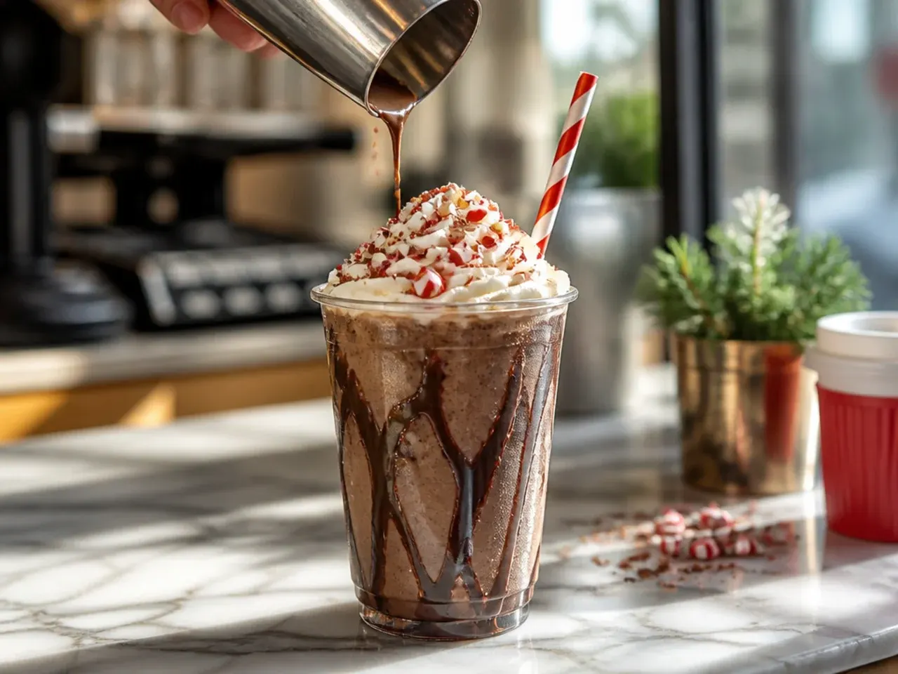 Peppermint mocha frappuccino topped with whipped cream and crushed candy cane