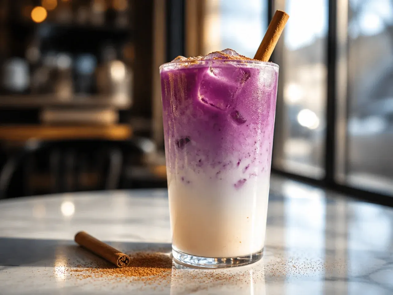 Layered purple hibiscus and coconut milk drink with blackberries in a glass