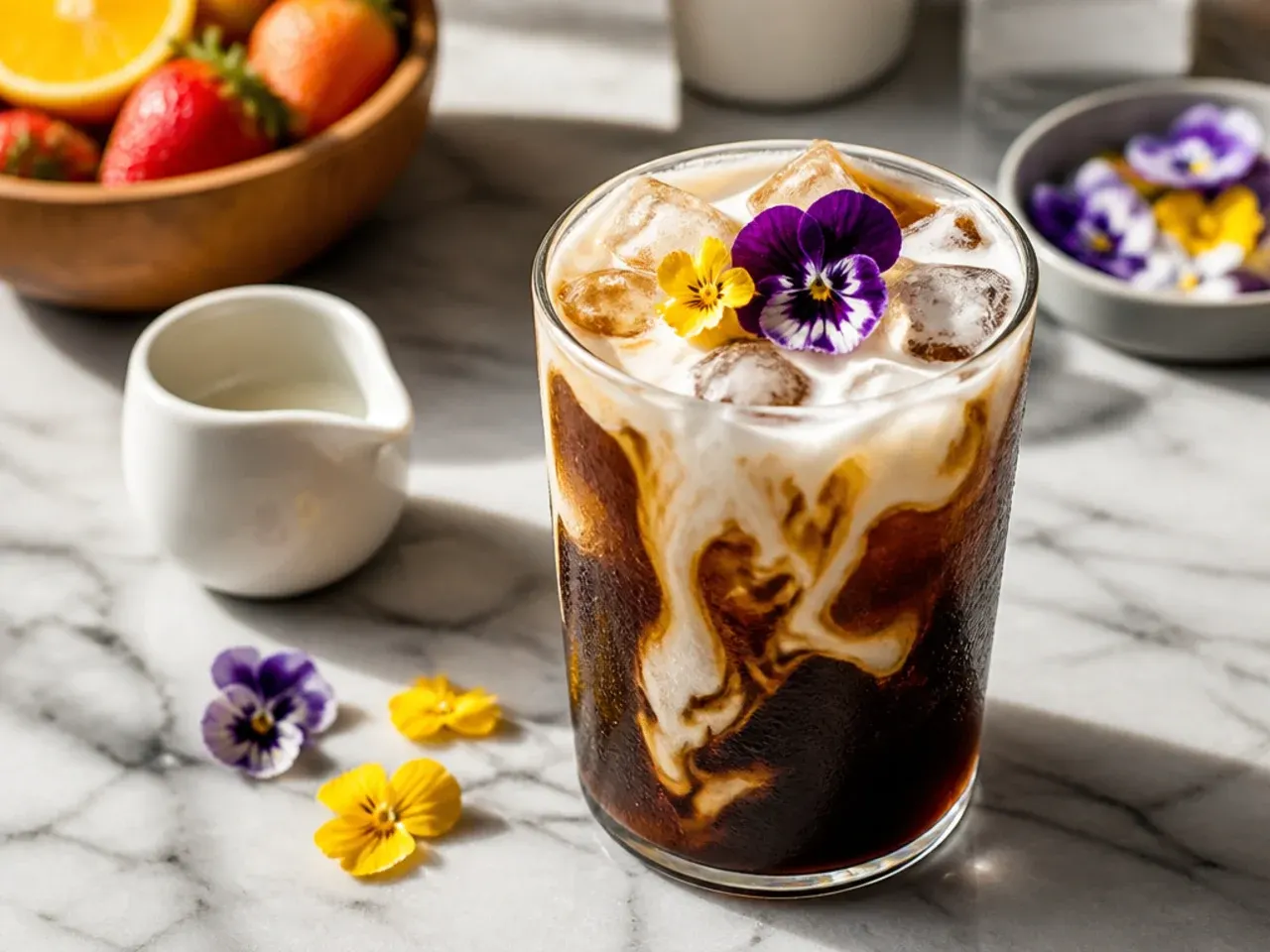 Bold dark cold brew coffee with a thin layer of sweet cream on top