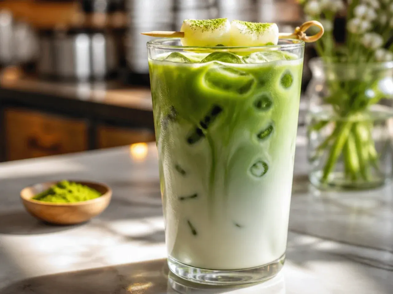 Smooth iced matcha latte with visible green colour swirling into milk over ice